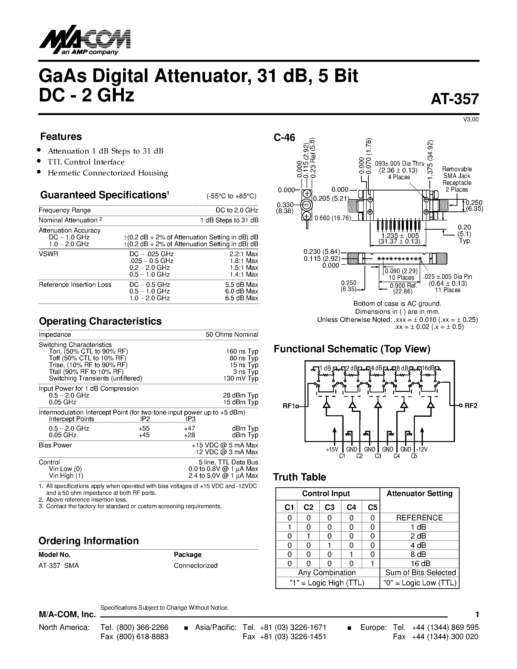Datasheet AT-357 - GaAs Digital Attenuator/ 31 dB/ 5 Bit DC - 2 GHz page 1