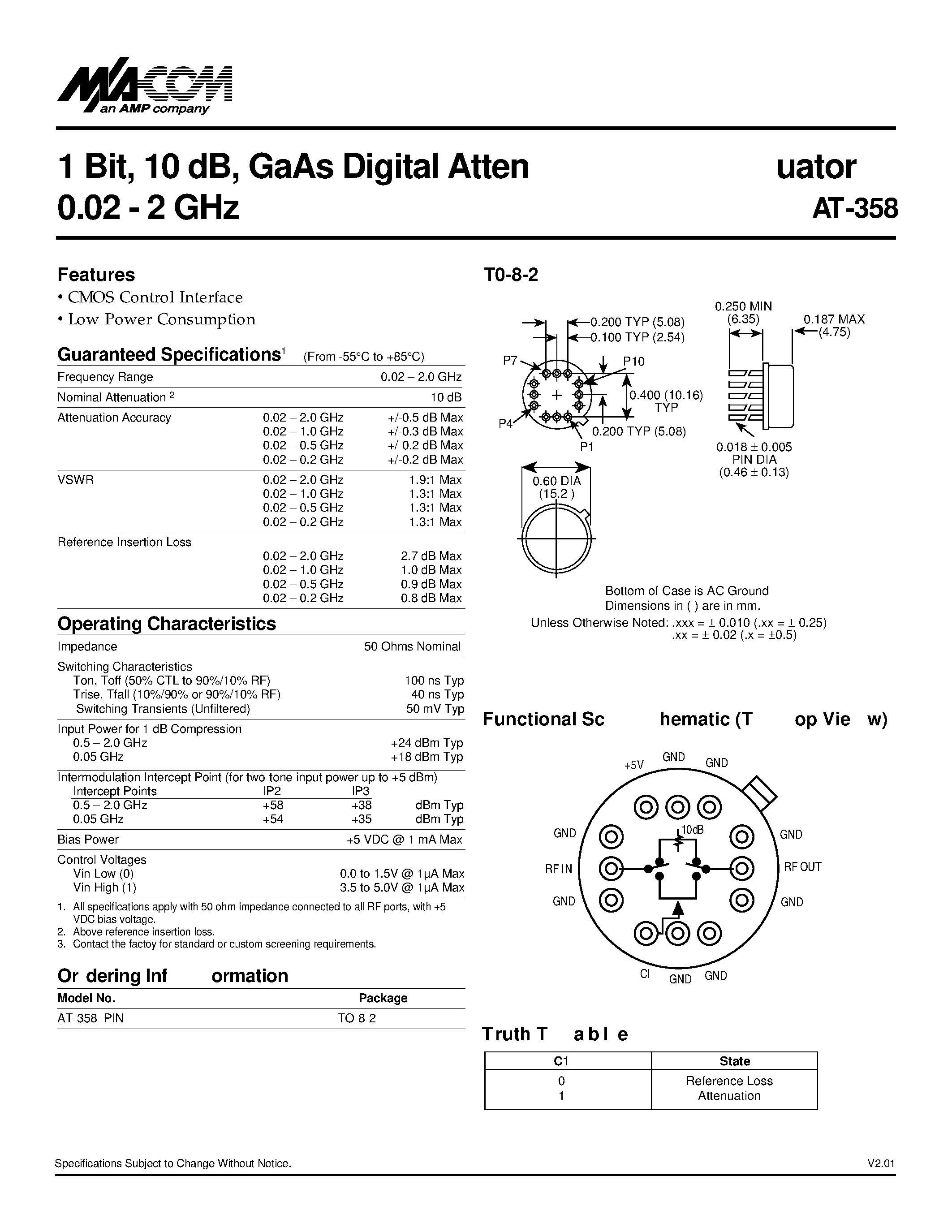 Datasheet AT-358 page 1 Datasheet AT-358 - 1 Bit/ 10 dB/ GaAs Digital Atten 0.02 - 2 GHz page 1