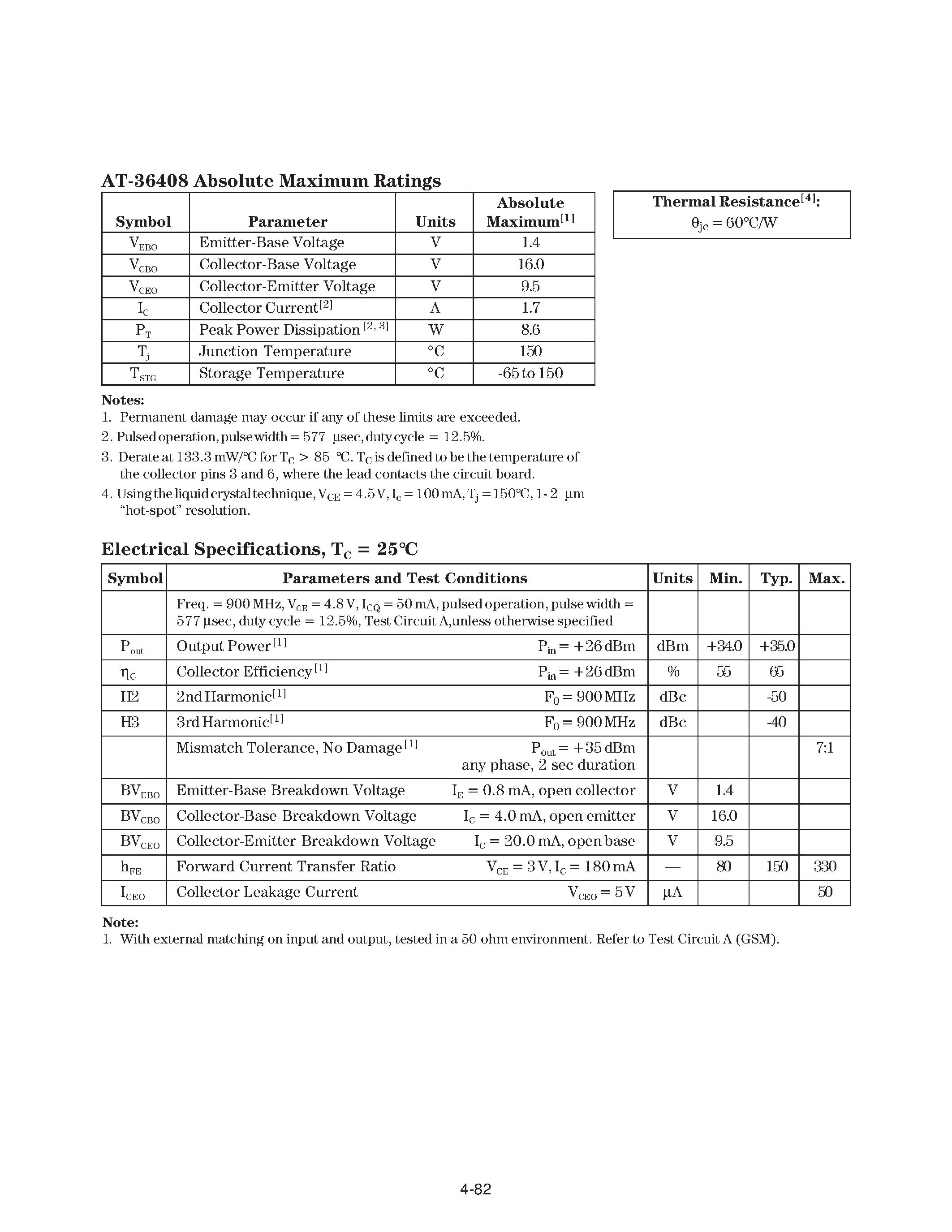Datasheet AT-36408-TR1 page 2 Datasheet AT-36408-TR1 - 4.8 V NPN Common Emitter Output Power Transistor for GSM Class IV Phones page 2