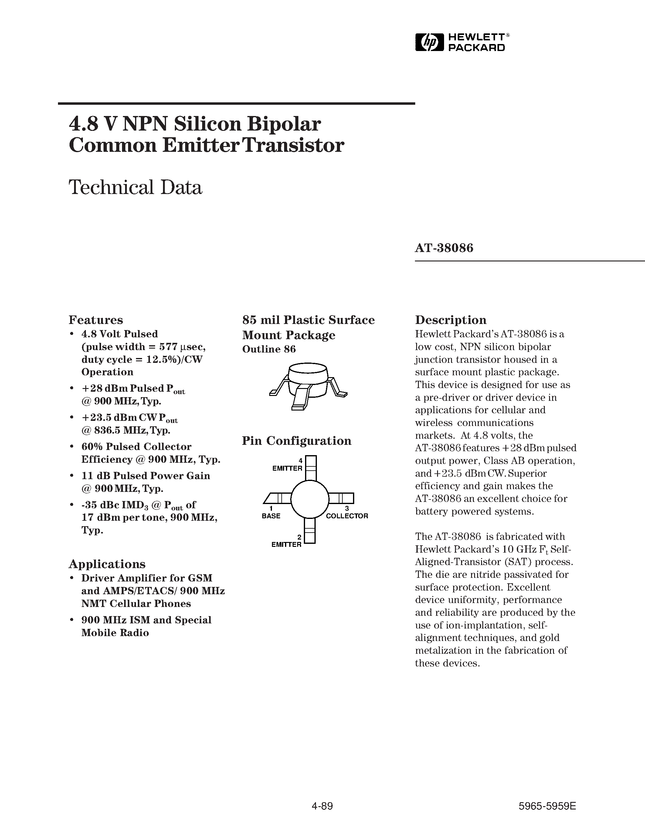 Datasheet AT-38086 page 1 Datasheet AT-38086 - 4.8 V NPN Silicon Bipolar Common Emitter Transistor page 1