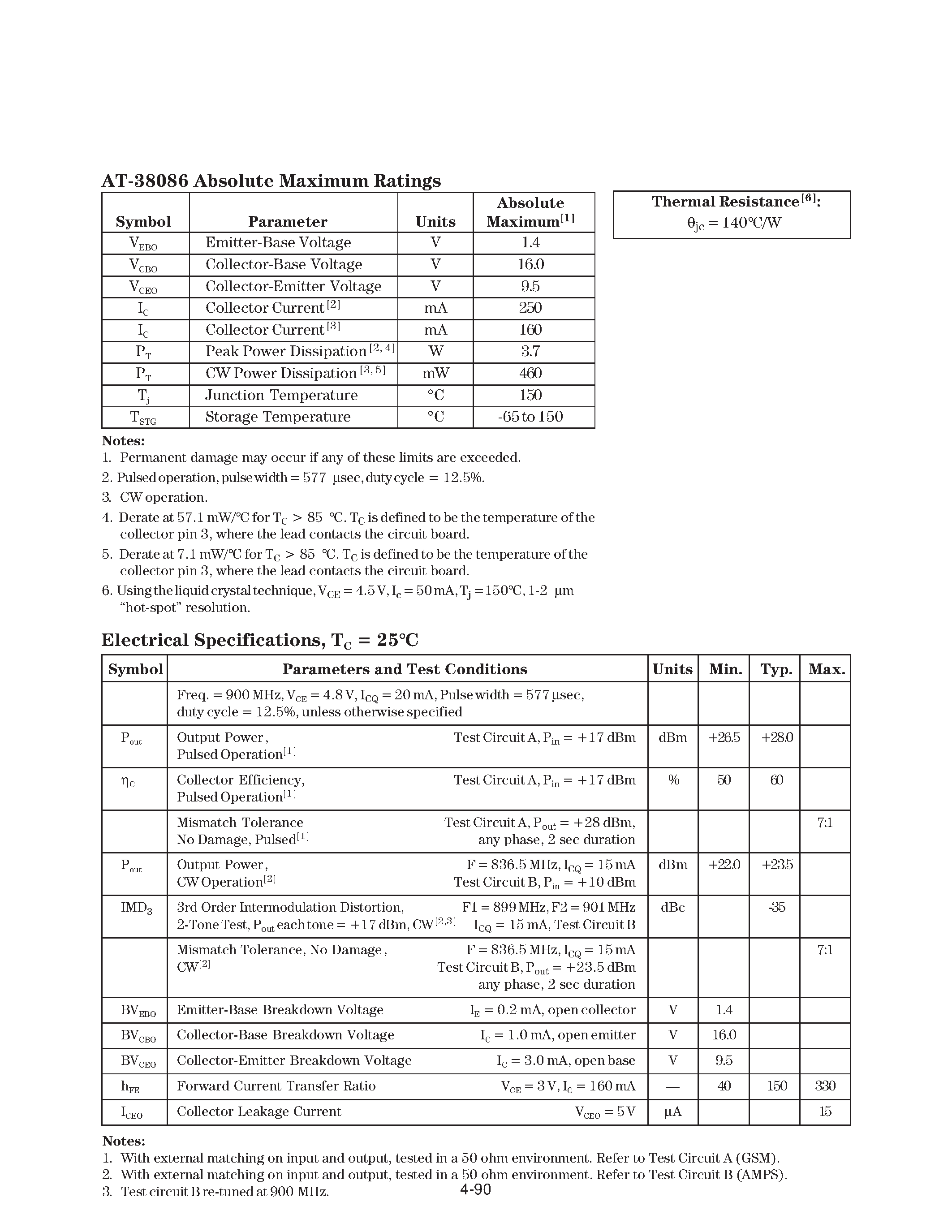 Datasheet AT-38086-TR1 page 2 Datasheet AT-38086-TR1 - 4.8 V NPN Silicon Bipolar Common Emitter Transistor page 2