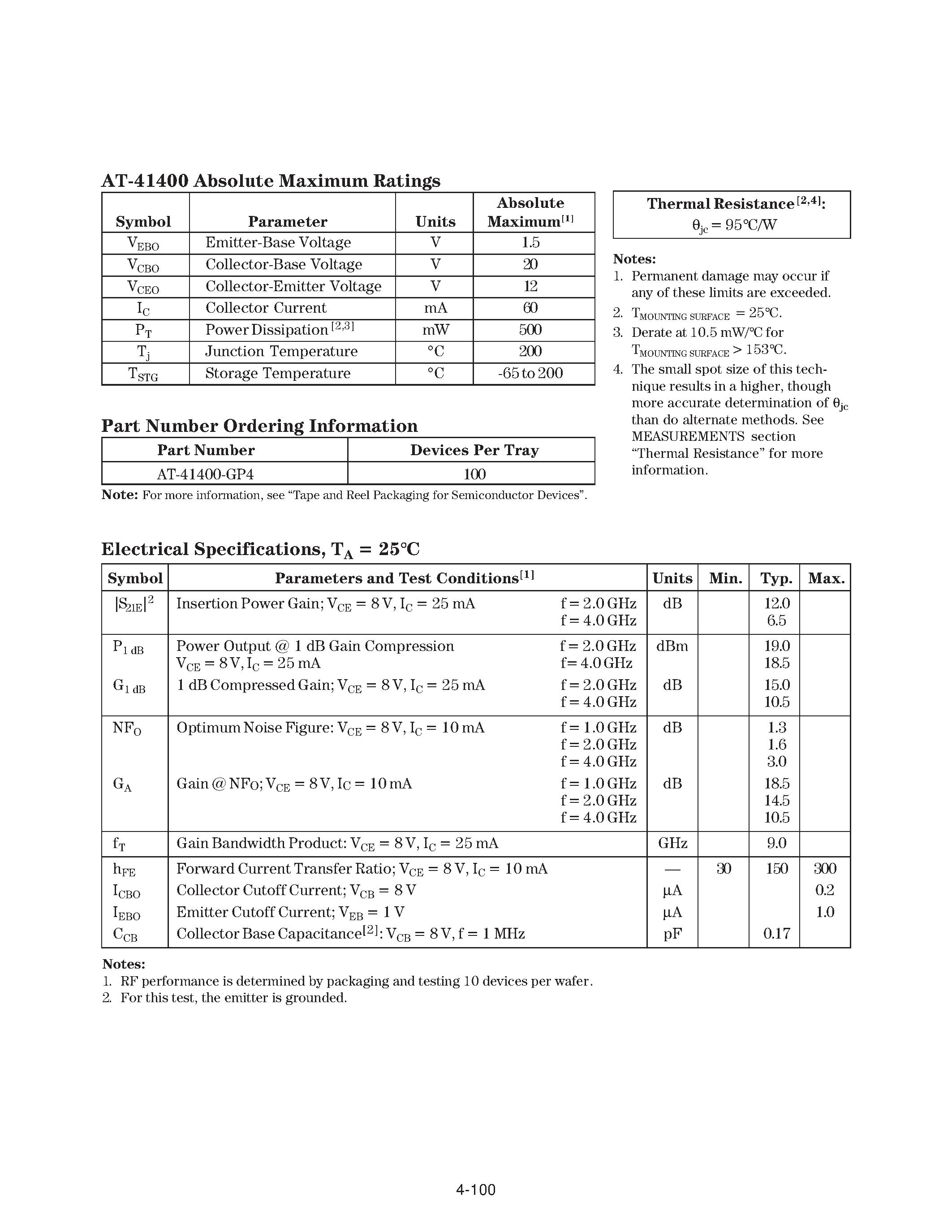 Datasheet AT-41400 - Up to 6 GHz Low Noise Silicon Bipolar Transistor Chip page 2