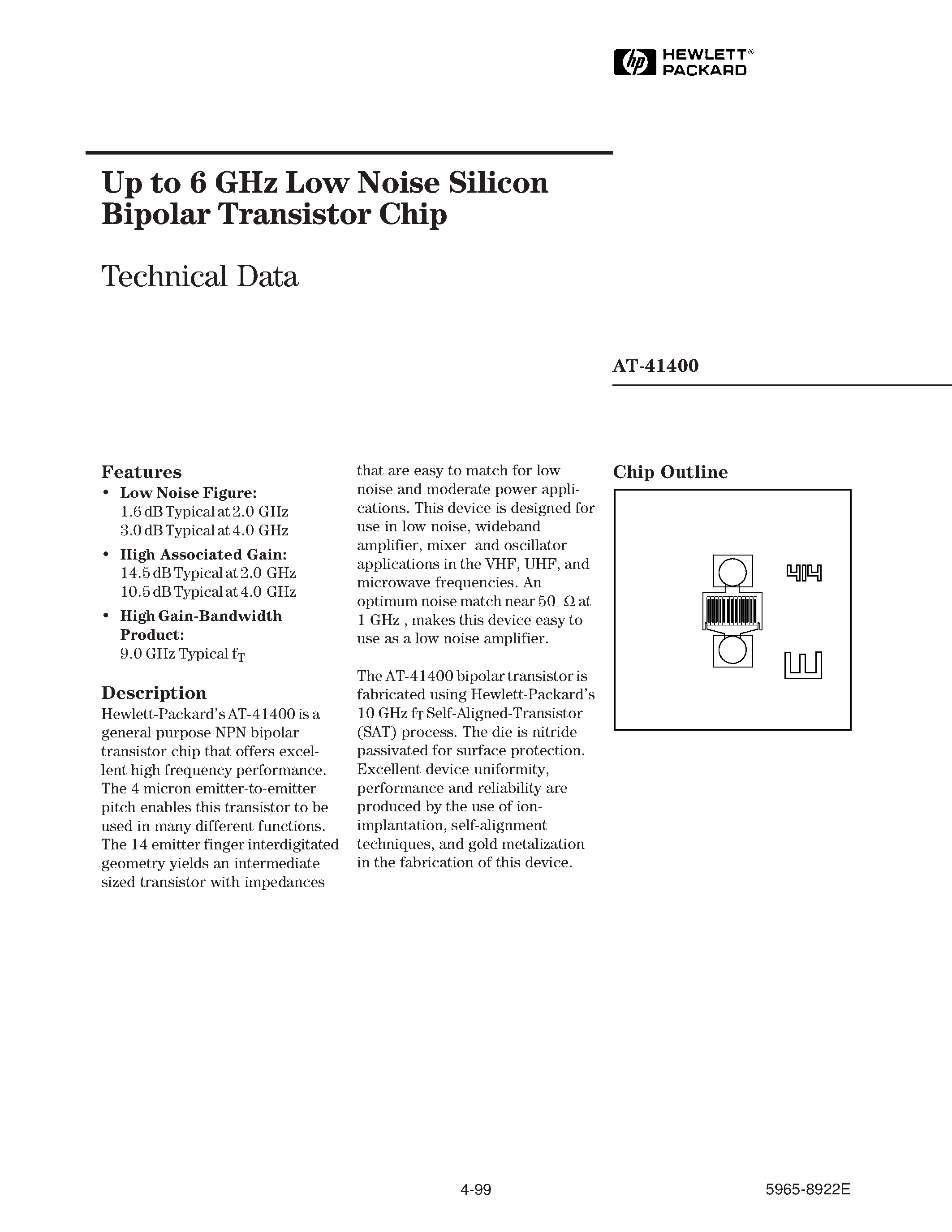 Datasheet AT-41400-GP4 - Up to 6 GHz Low Noise Silicon Bipolar Transistor Chip page 1