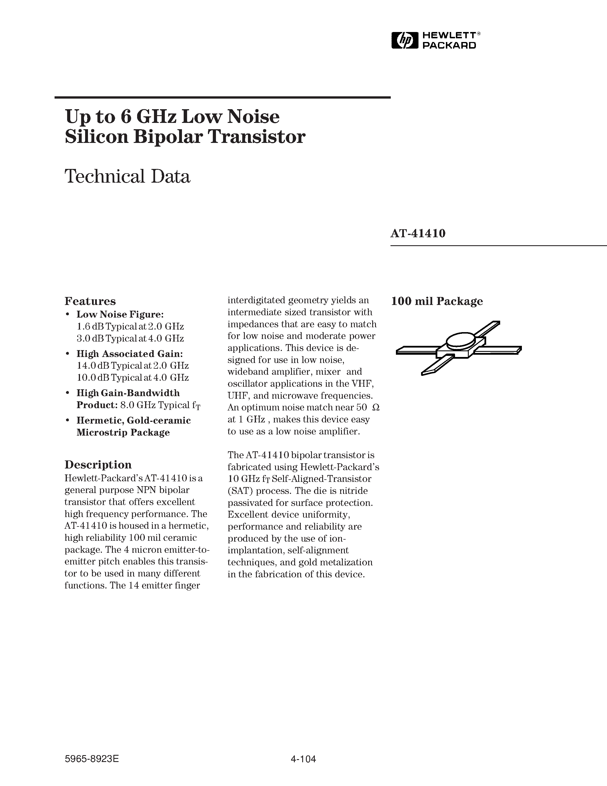 Datasheet AT-41410 - Up to 6 GHz Low Noise Silicon Bipolar Transistor page 1