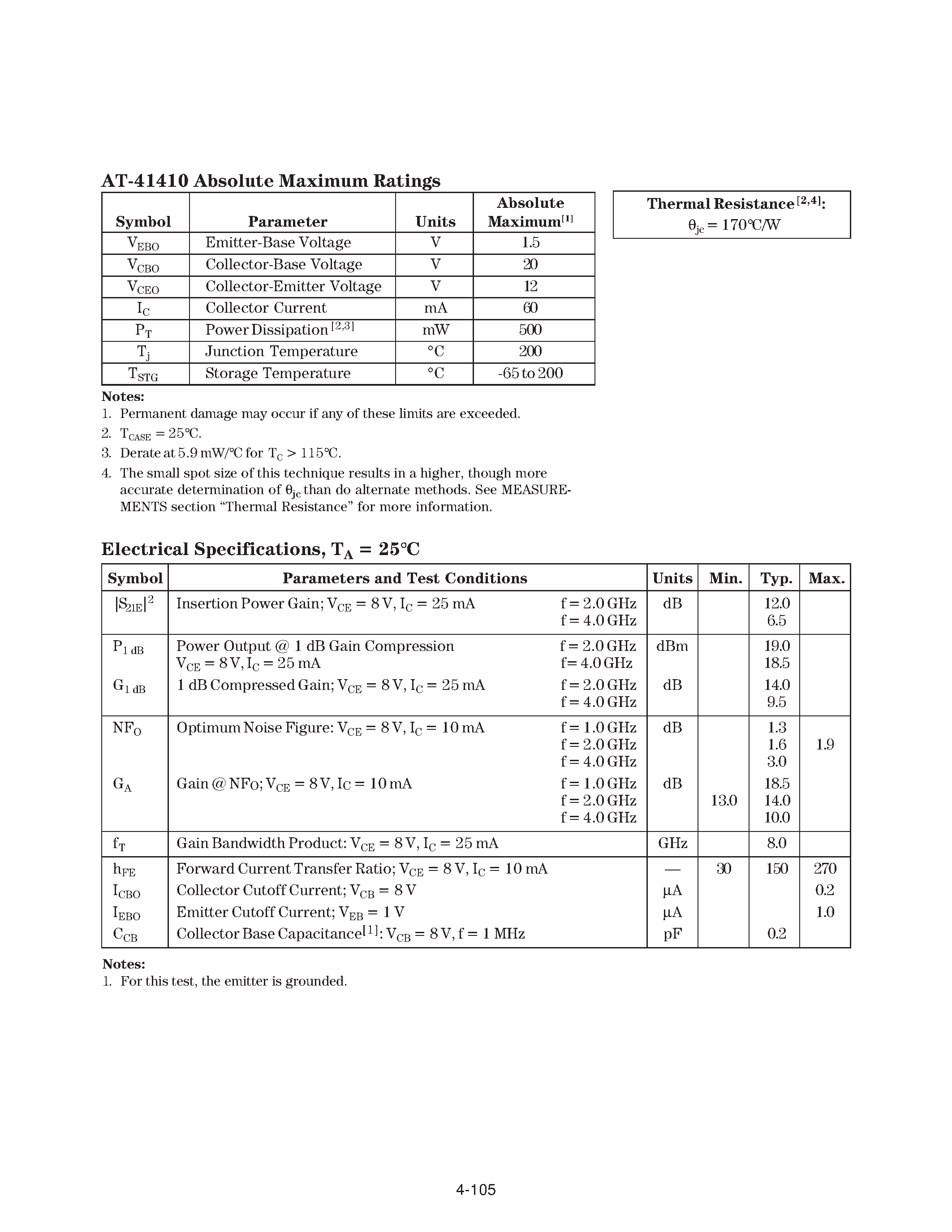 Datasheet AT-41410 - Up to 6 GHz Low Noise Silicon Bipolar Transistor page 2