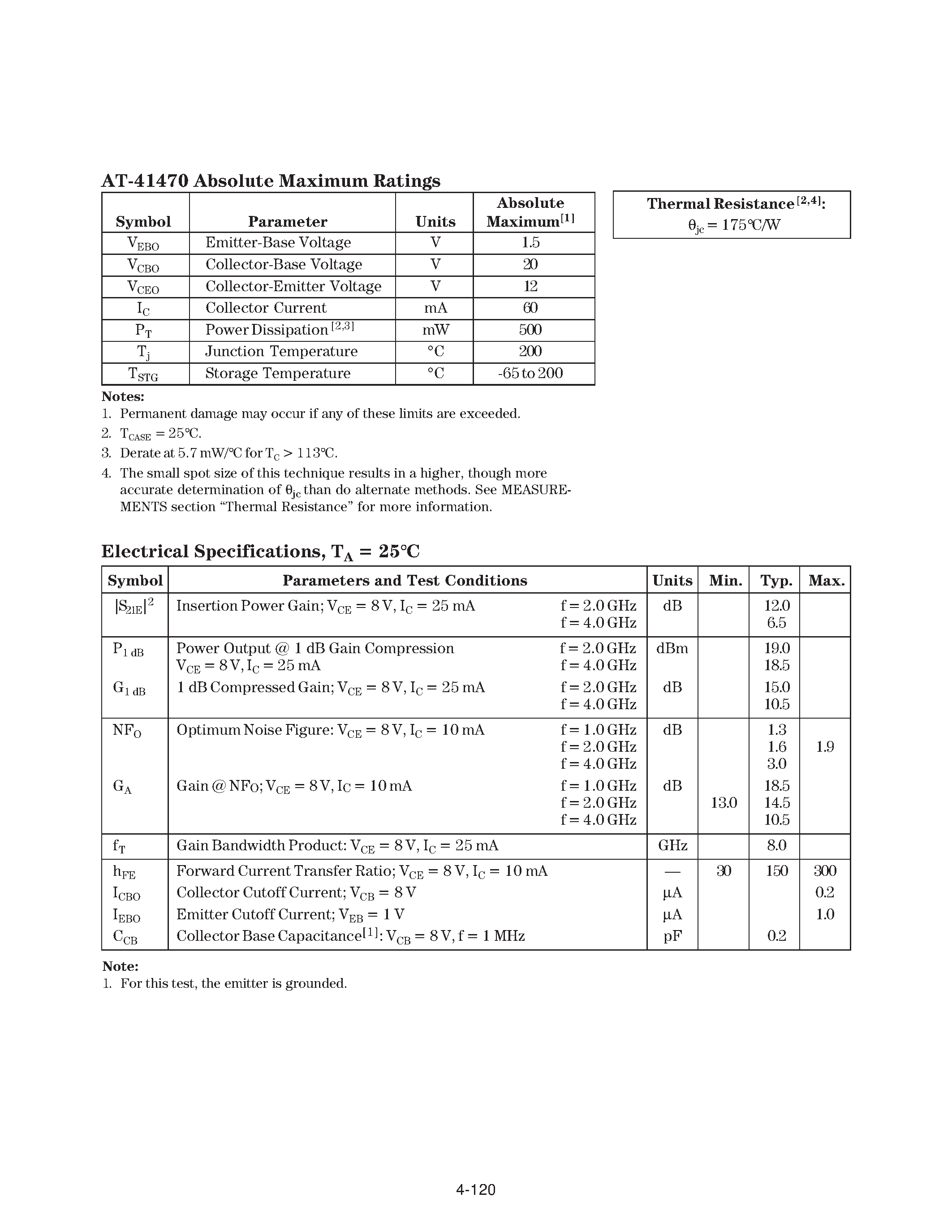 Datasheet AT-41470 - Up to 6 GHz Low Noise Silicon Bipolar Transistor page 2