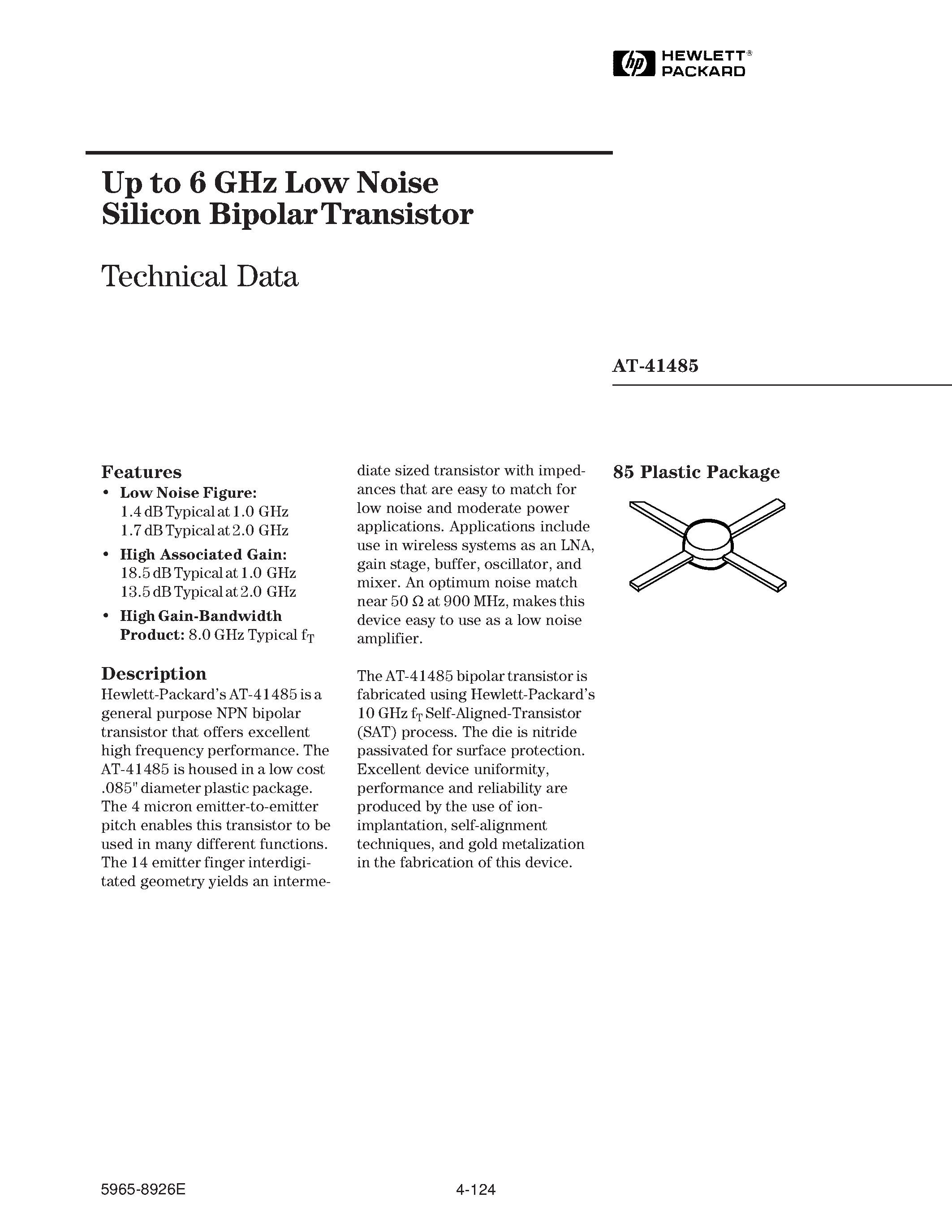 Datasheet AT-41485 - Up to 6 GHz Low Noise Silicon Bipolar Transistor page 1