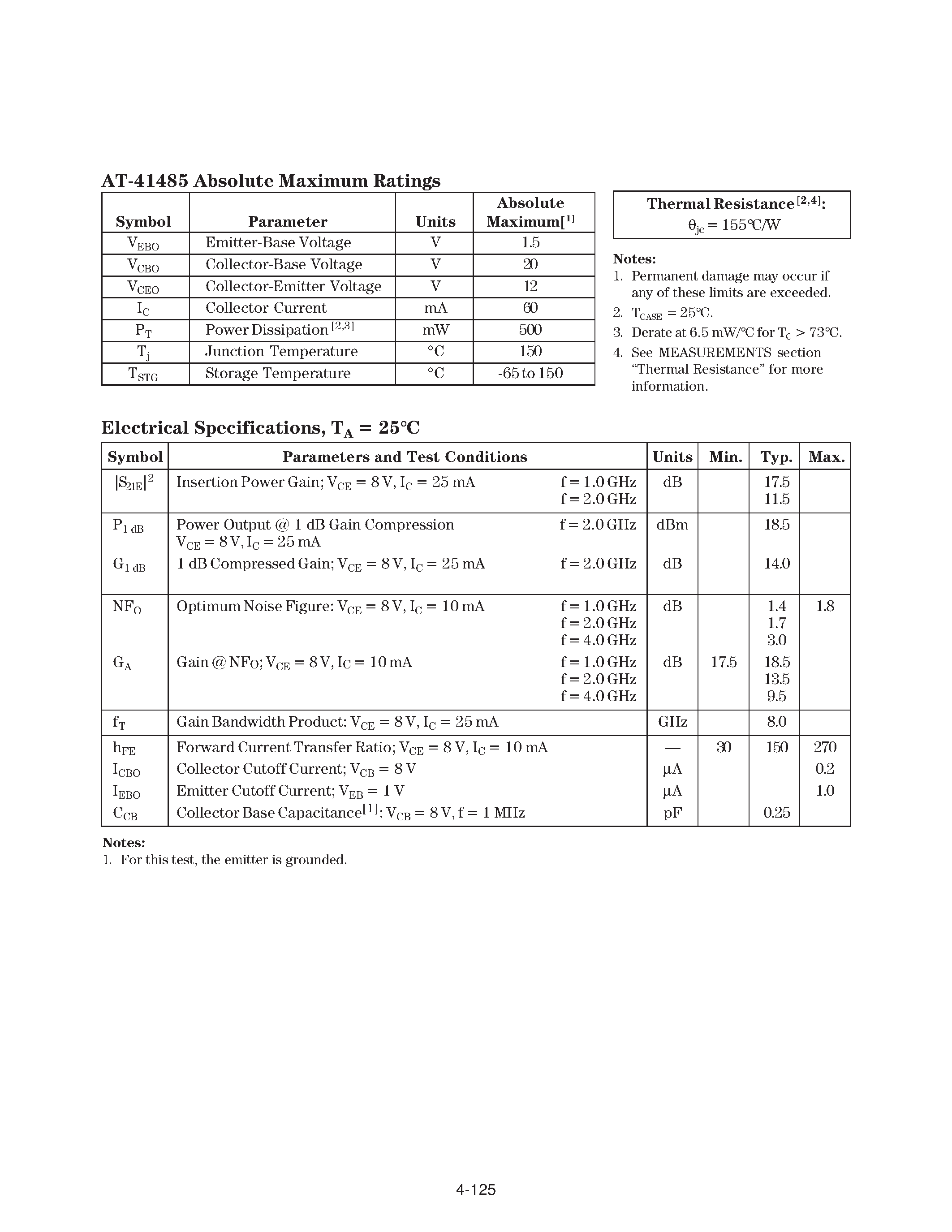 Datasheet AT-41485 - Up to 6 GHz Low Noise Silicon Bipolar Transistor page 2