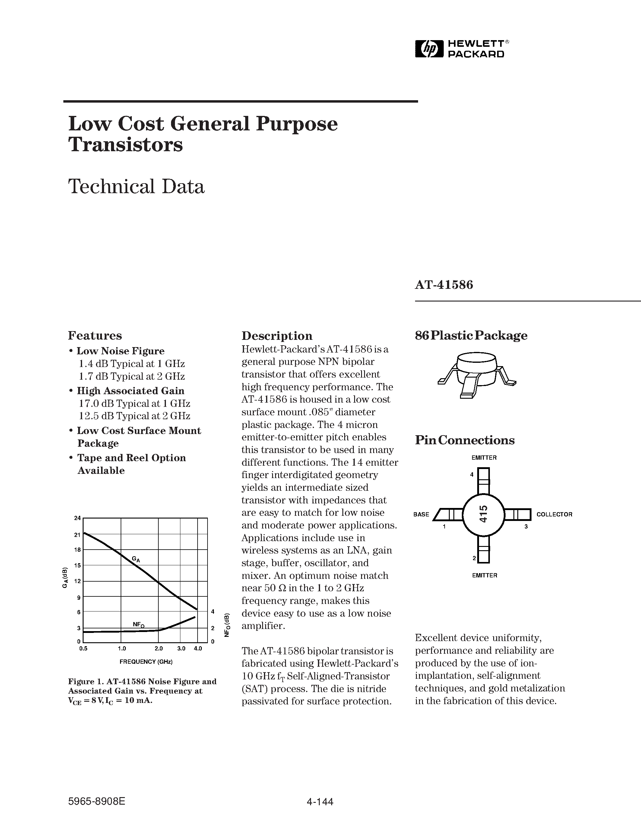 Даташит AT-41586 - Low Cost General Purpose Transistors страница 1