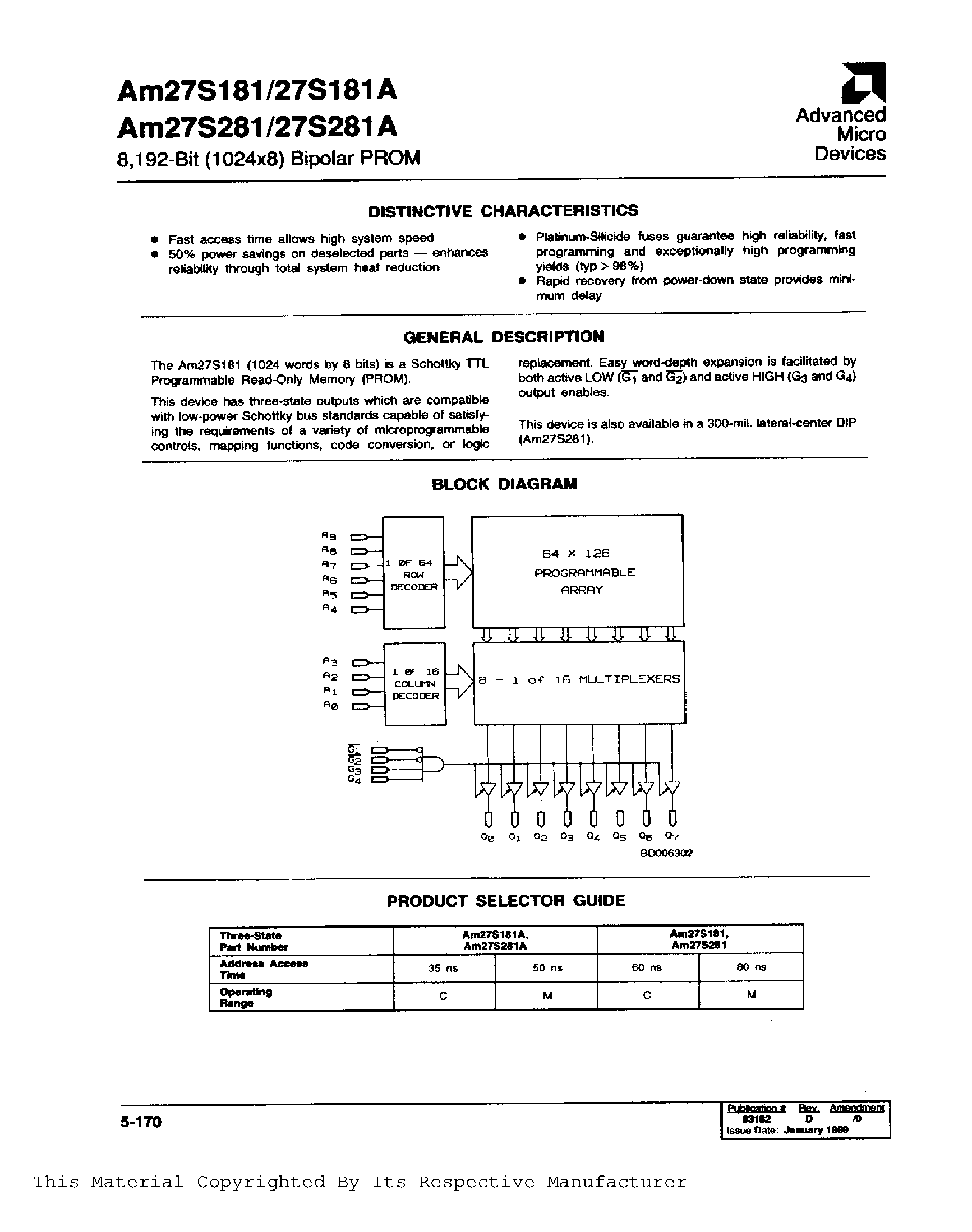 Datasheet AM27S281A page 1 Datasheet AM27S281A - 8/192-BIT (1024 X 8) BIPOLAR PROM page 1