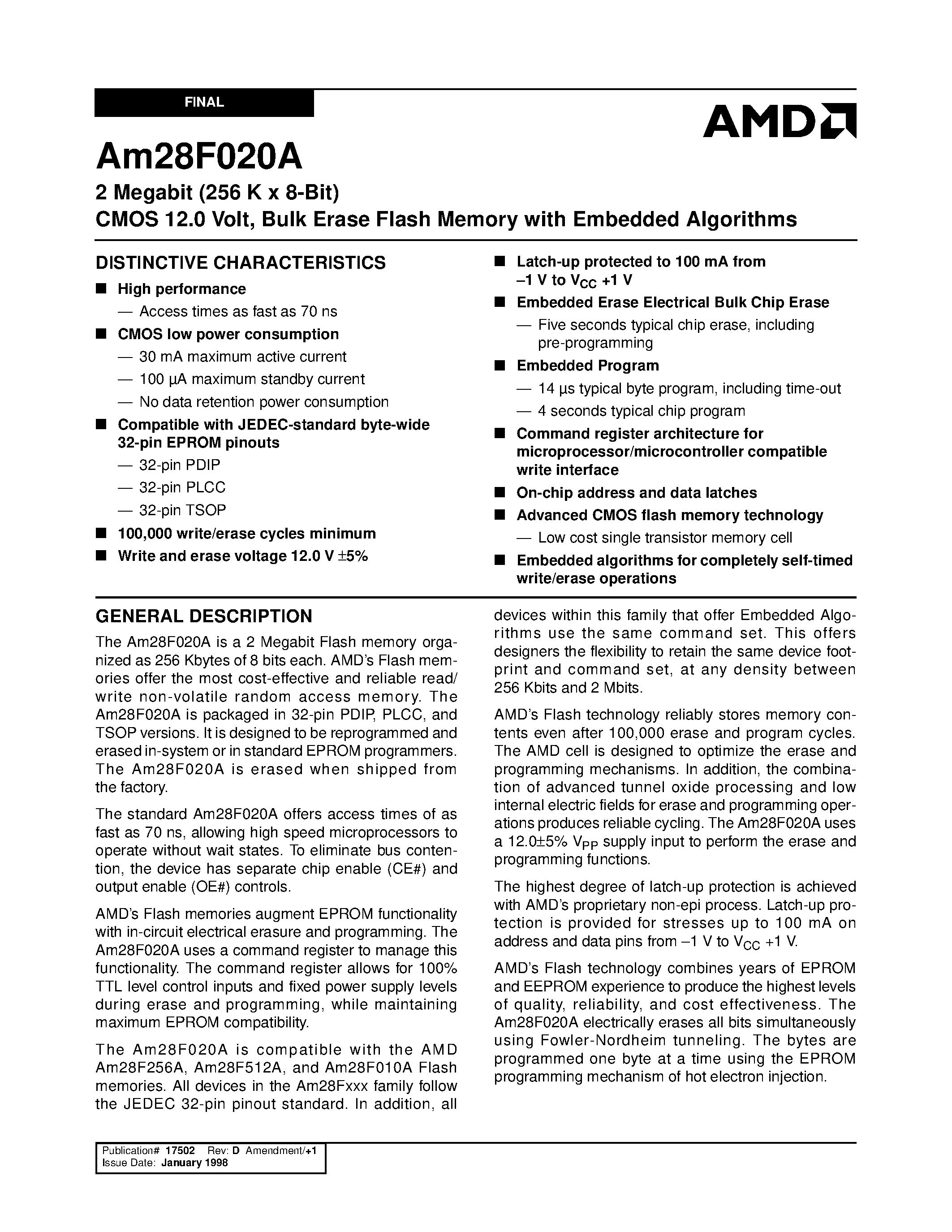 Datasheet AM28F020A-120JE - 2 Megabit (256 K x 8-Bit) CMOS 12.0 Volt/ Bulk Erase Flash Memory with Embedded Algorithms page 1
