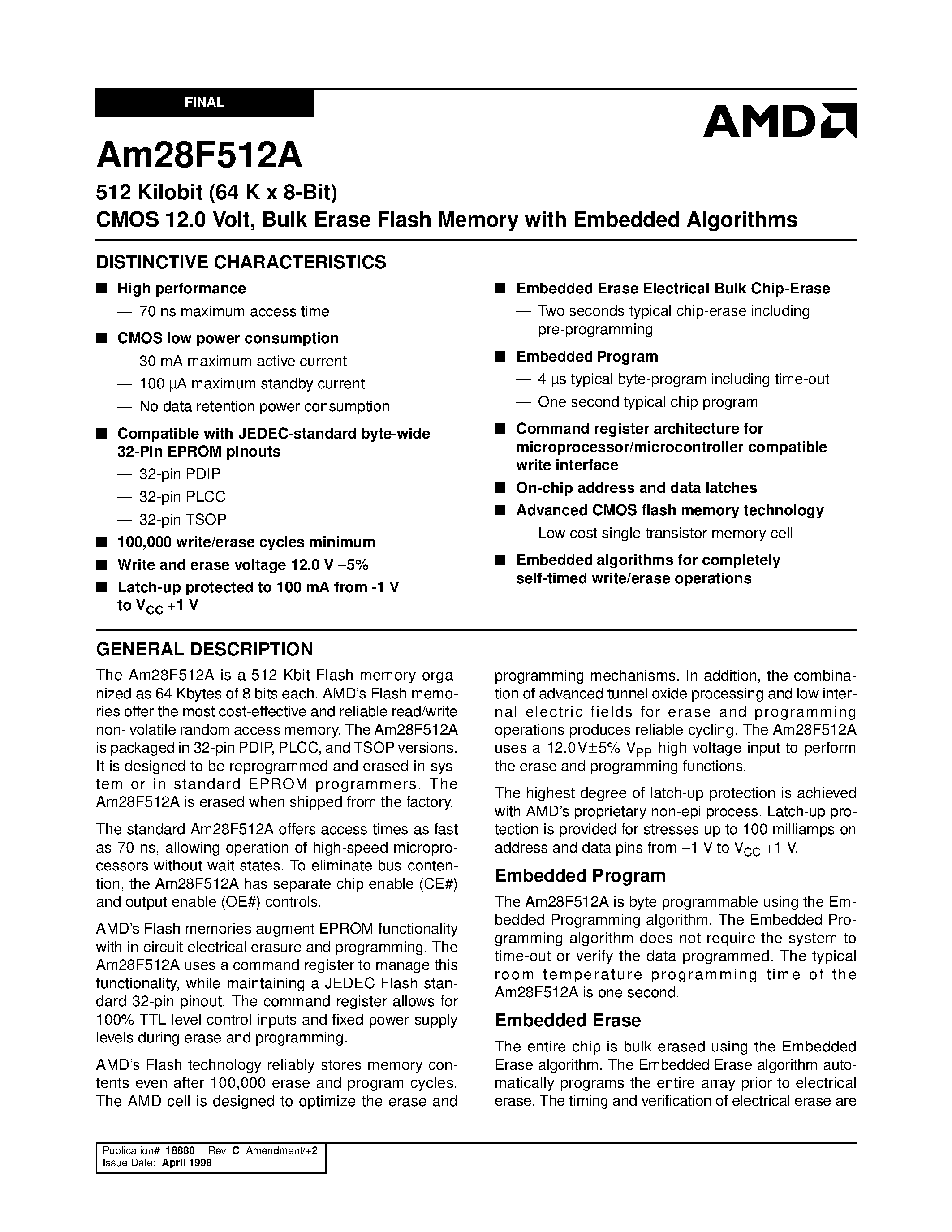Даташит AM28F512A-120PEB - 512 Kilobit (64 K x 8-Bit) CMOS 12.0 Volt/ Bulk Erase Flash Memory with Embedded Algorithms страница 1