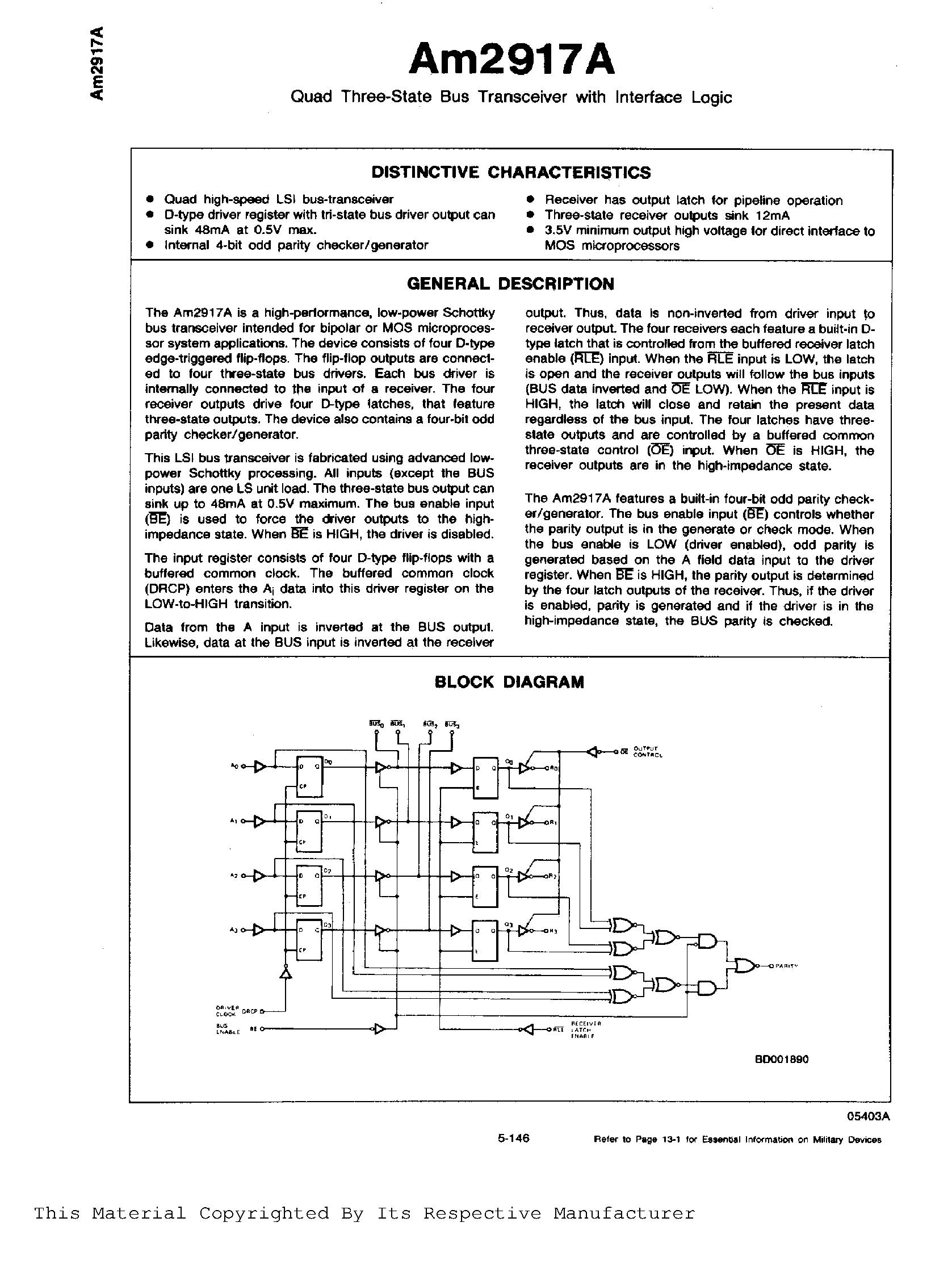 Datasheet AM2917A - QUAD THREE STATE BUS TRANSCEIVER WITH INTERFACE LOGIC page 1