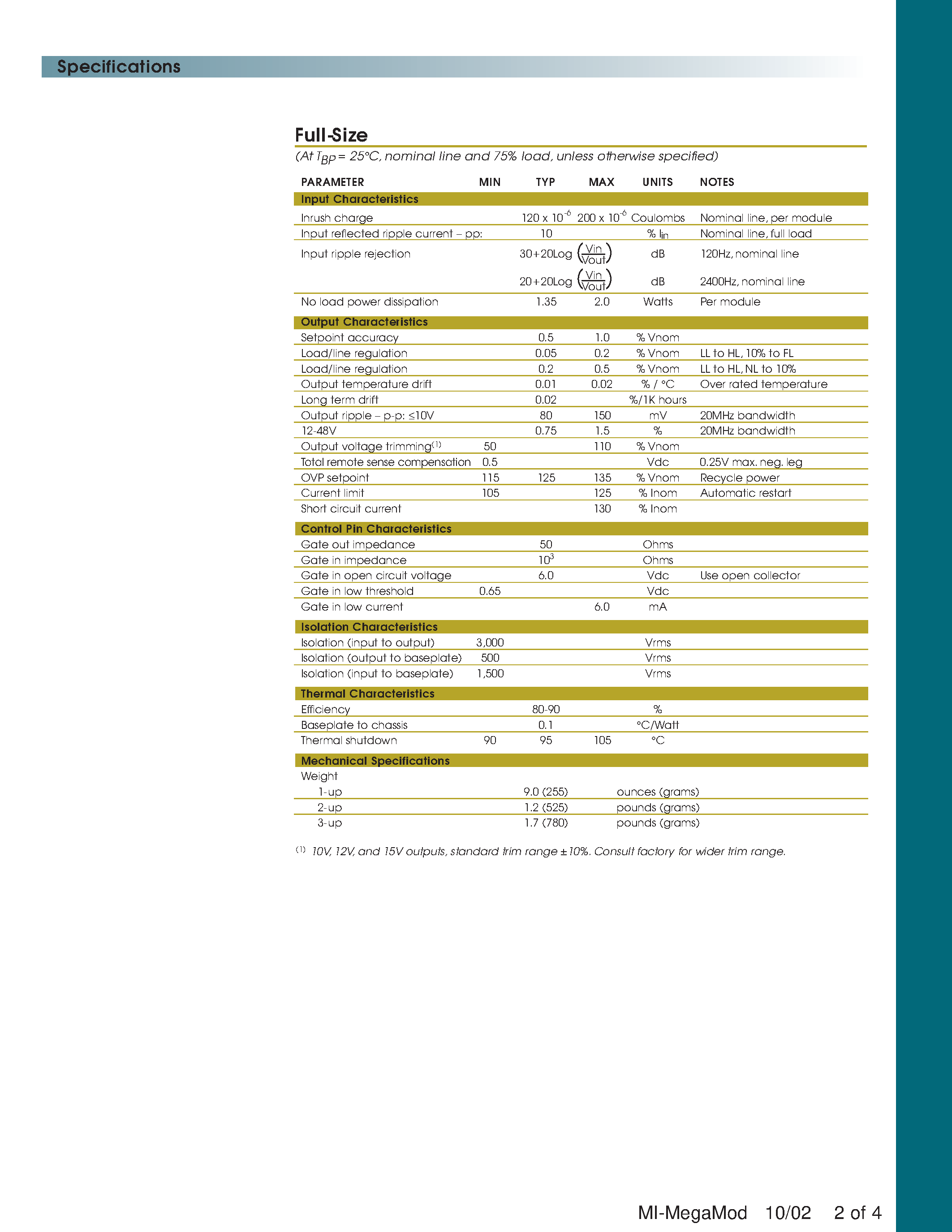 Datasheet MI-Q61-MSA page 2 Datasheet MI-Q61-MSA - Military Chassis Mount DC-DC Converters 10 to 300W Single/ Dual/ Triple Outputs page 2