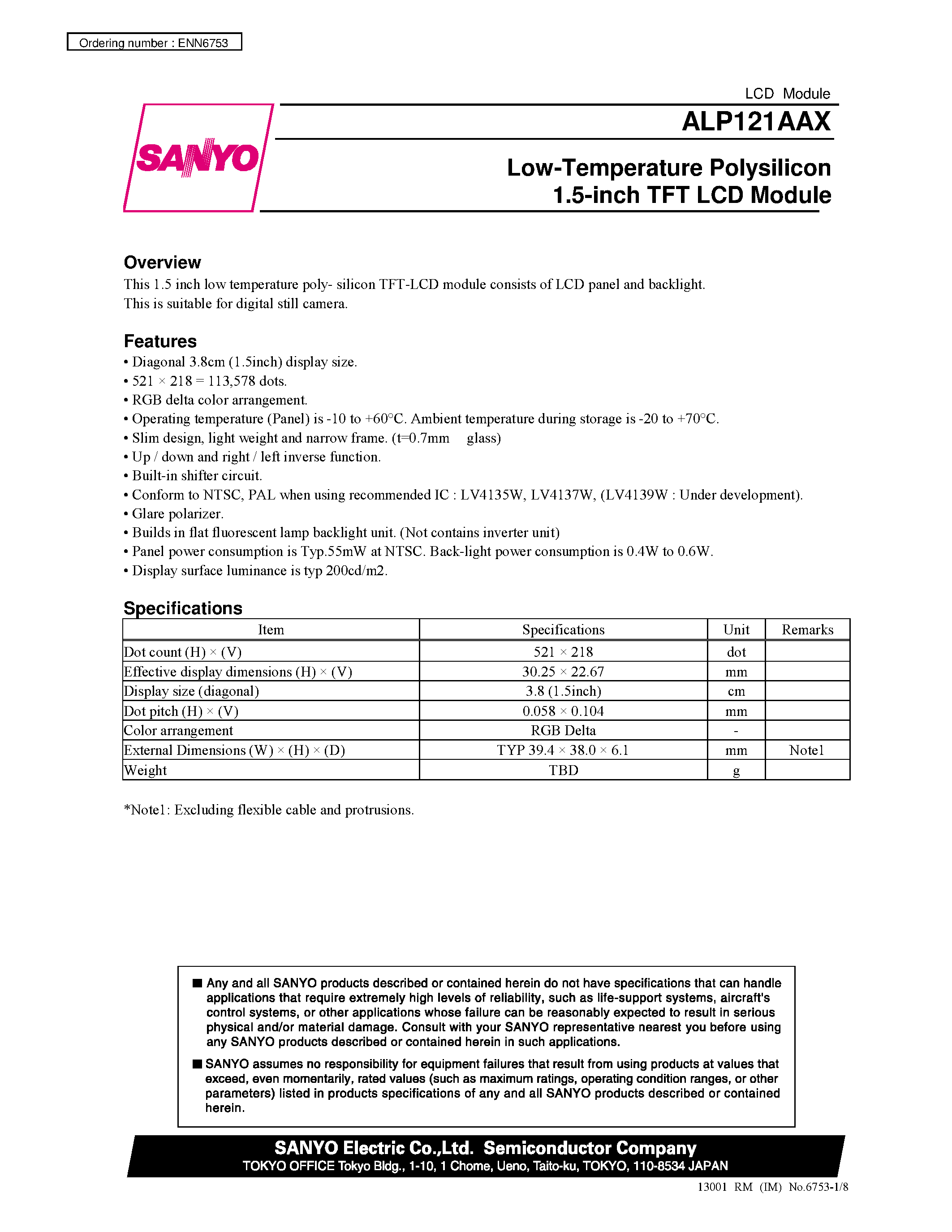Datasheet ALP121AAX - Low-Temperature Polysilicon 1.5-inch TFT LCD Module page 1