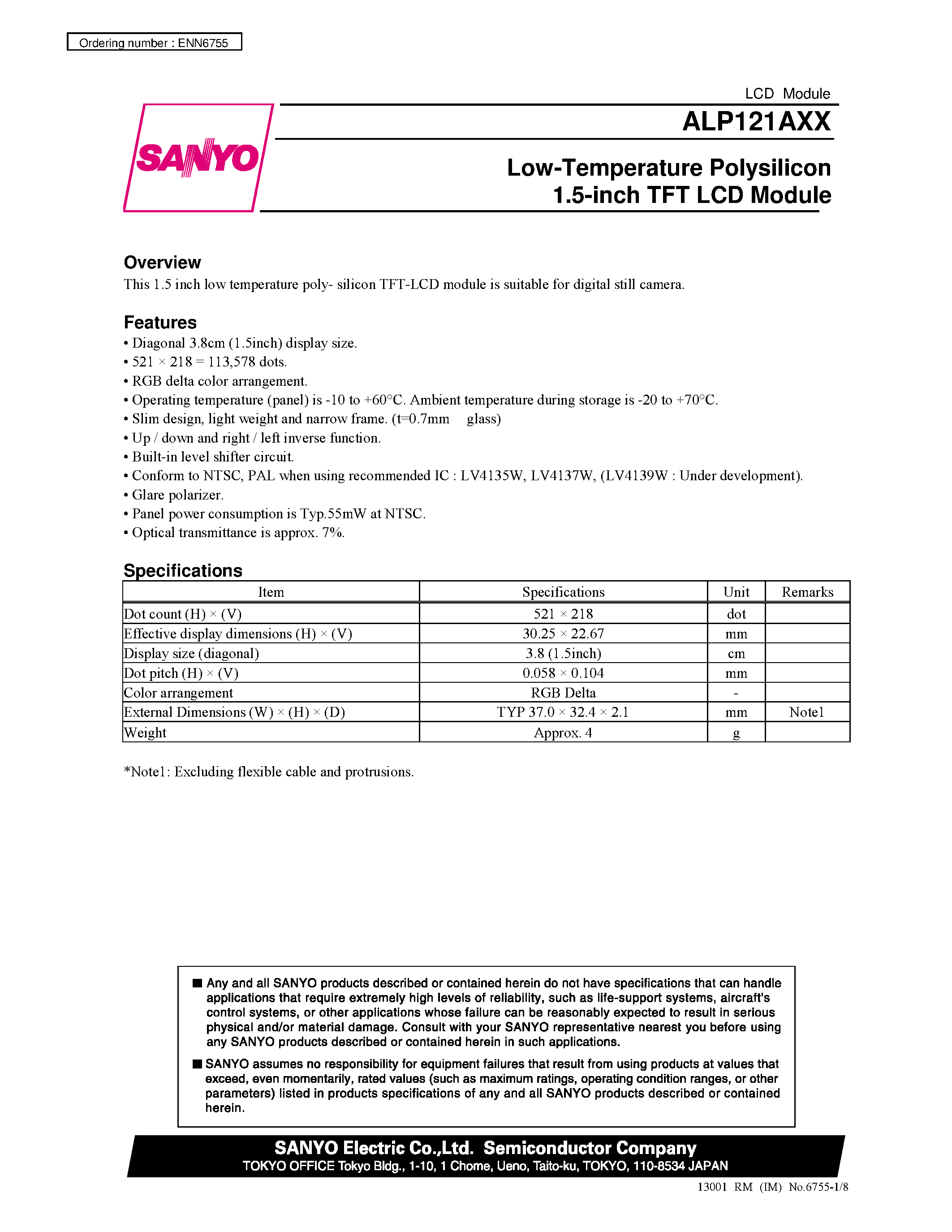 Datasheet ALP121AXX - Low-Temperature Polysilicon 1.5-inch TFT LCD Module page 1