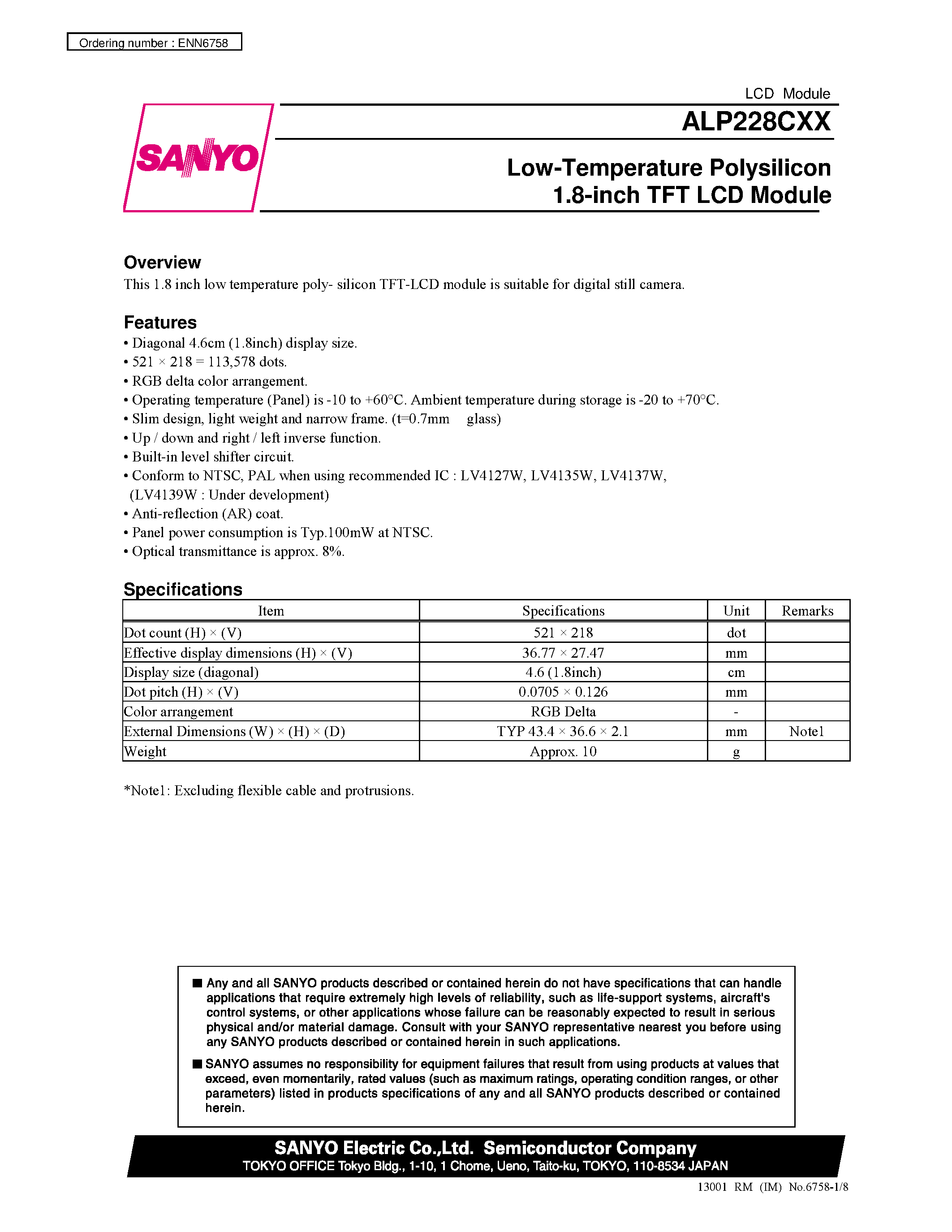 Даташит на микросхему ALP228CXX страница 1 Даташит ALP228CXX - Low-Temperature Polysilicon 1.8-inch TFT LCD Module страница 1
