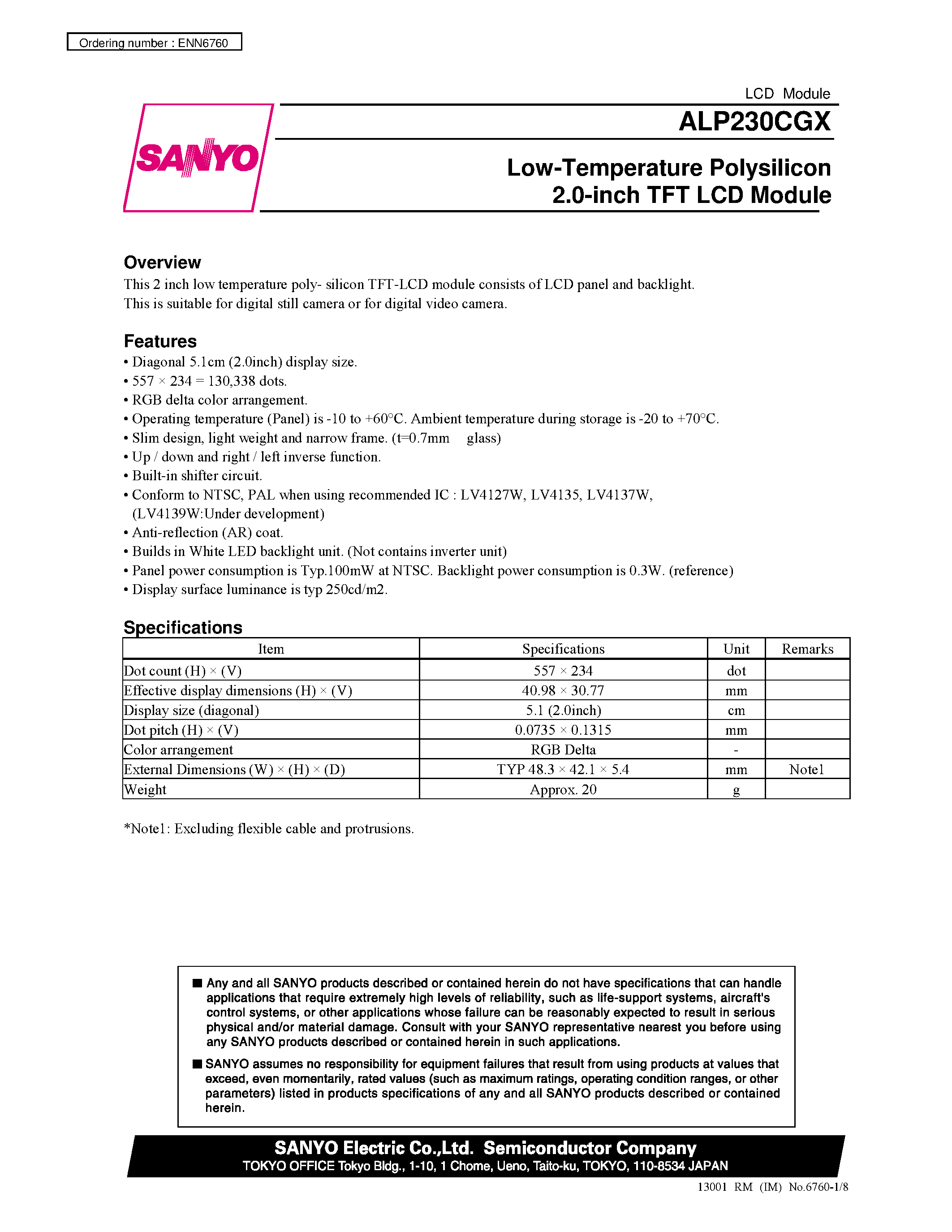Datasheet ALP230CGX - Low-Temperature Polysilicon 2.0-inch TFT LCD Module page 1