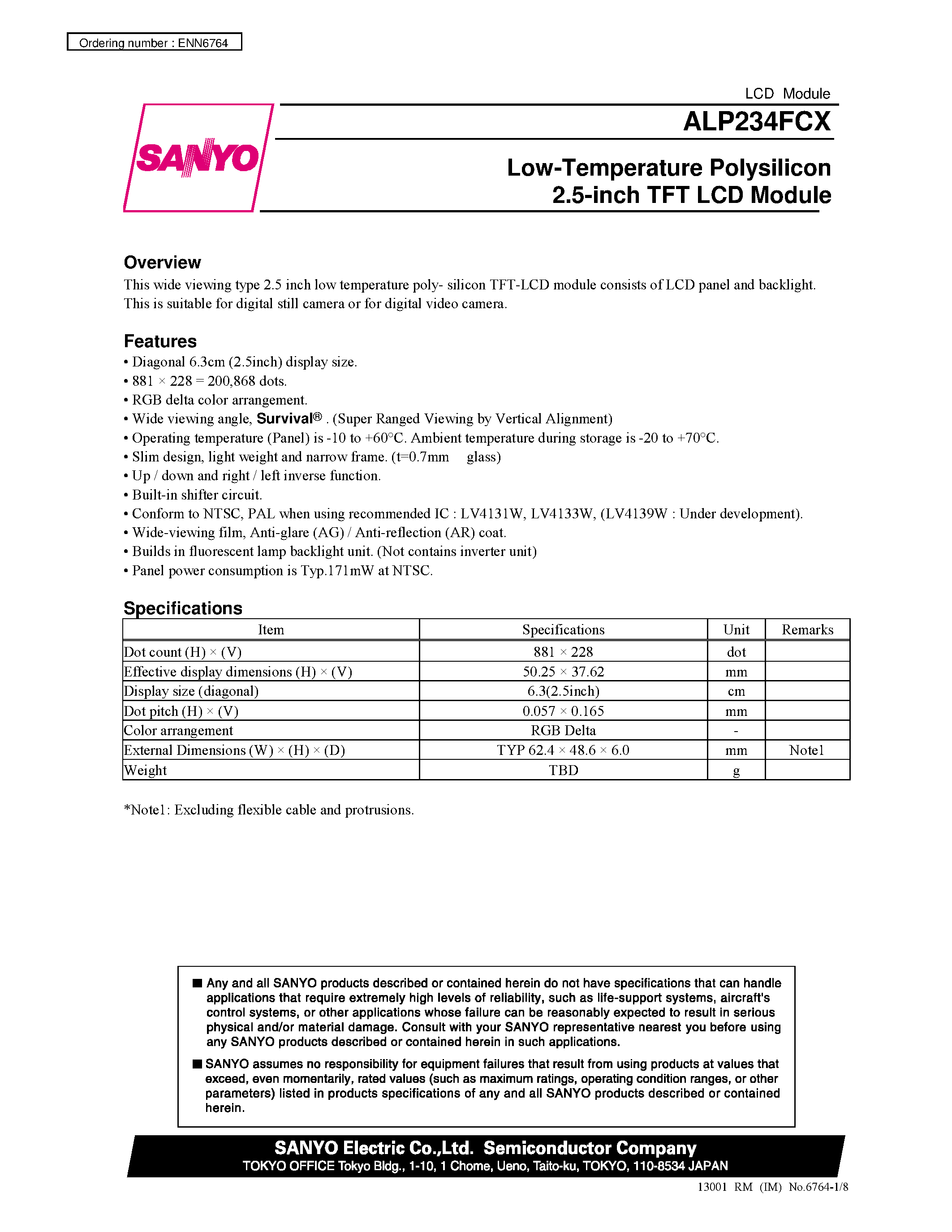 Datasheet ALP234FCX - Low-Temperature Polysilicon 2.5-inch TFT LCD Module page 1