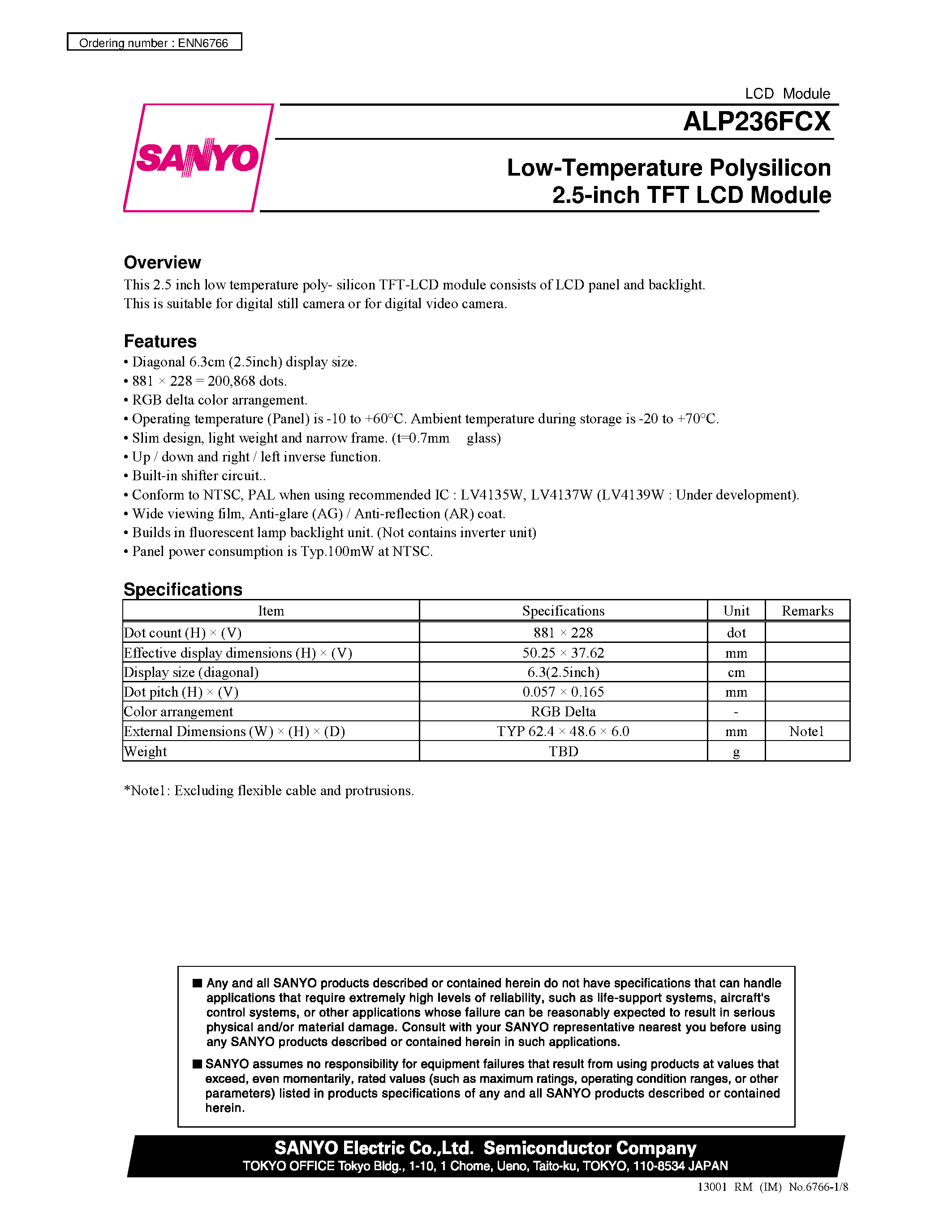 Datasheet ALP236FCX - Low-Temperature Polysilicon 2.5-inch TFT LCD Module page 1