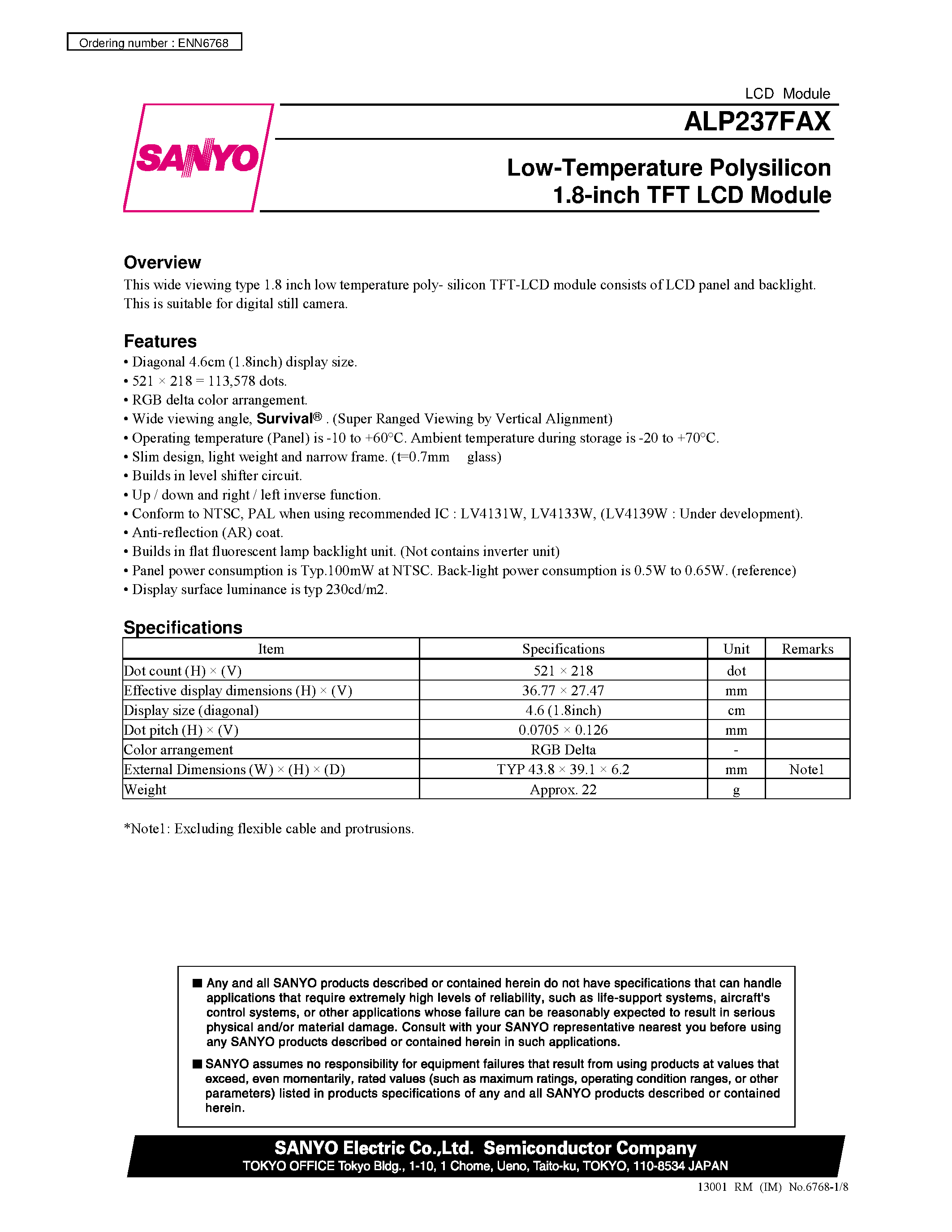Даташит ALP237FAX - Low-Temperature Polysilicon 1.8-inch TFT LCD Module страница 1