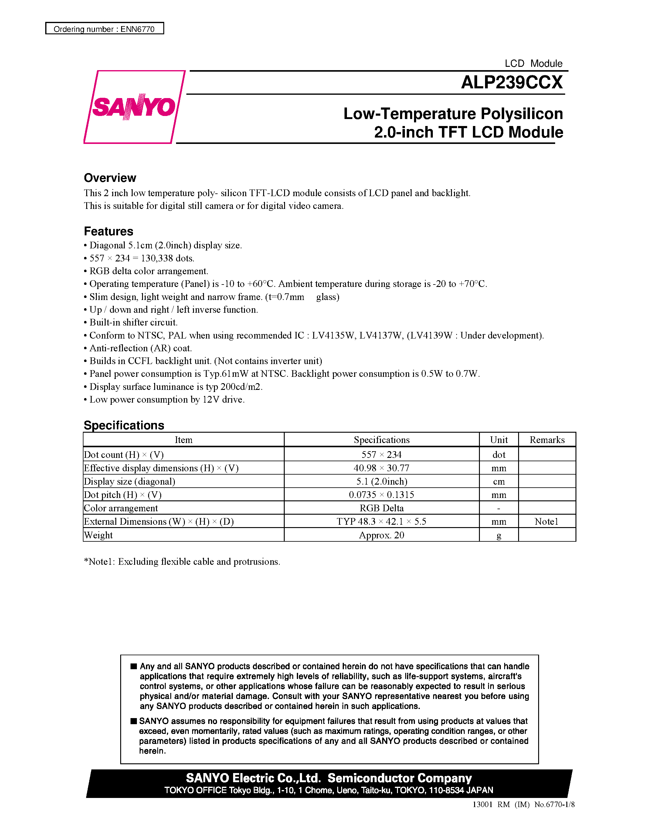 Datasheet ALP239CCX - Low-Temperature Polysilicon 2.0-inch TFT LCD Module page 1