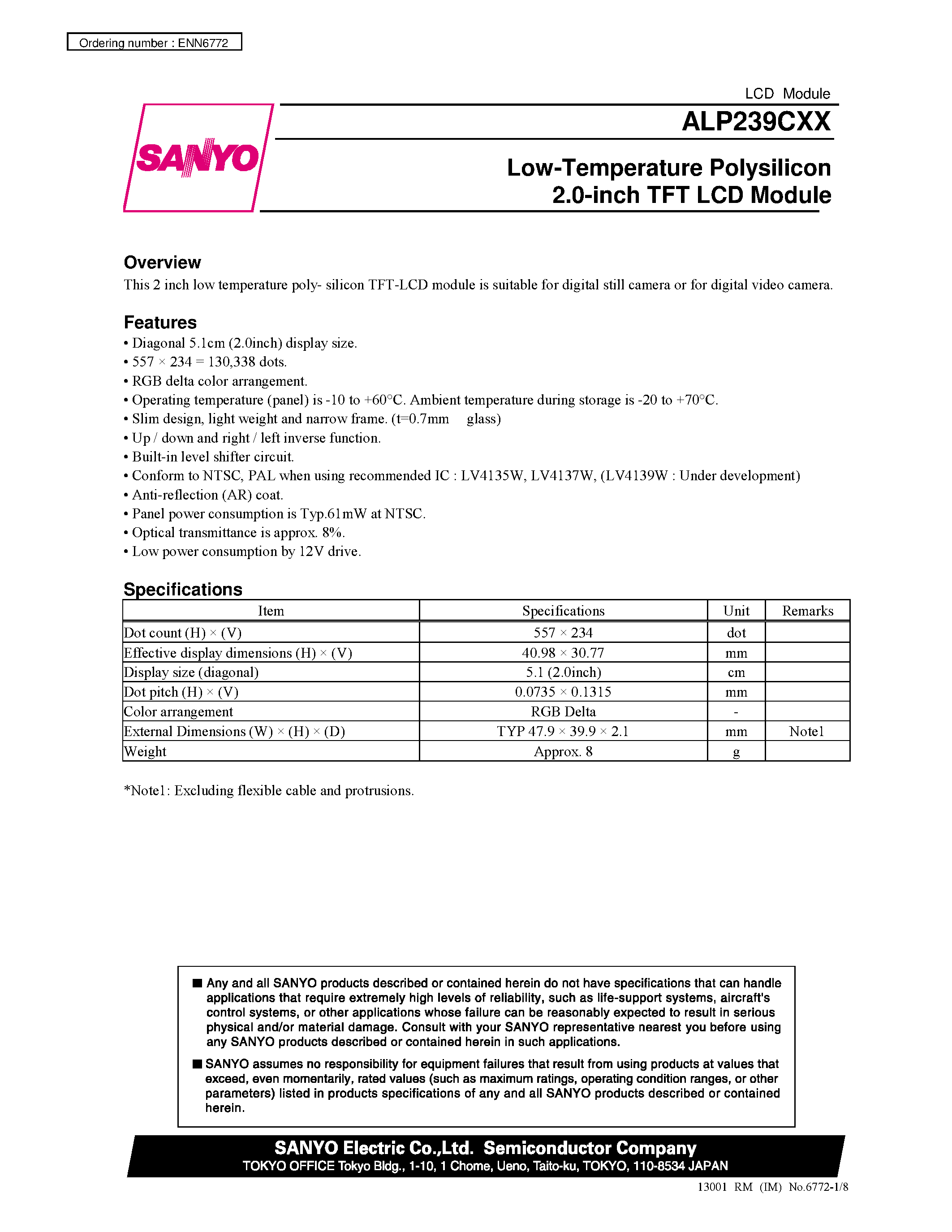 Datasheet ALP239CXX - Low-Temperature Polysilicon 2.0-inch TFT LCD Module page 1