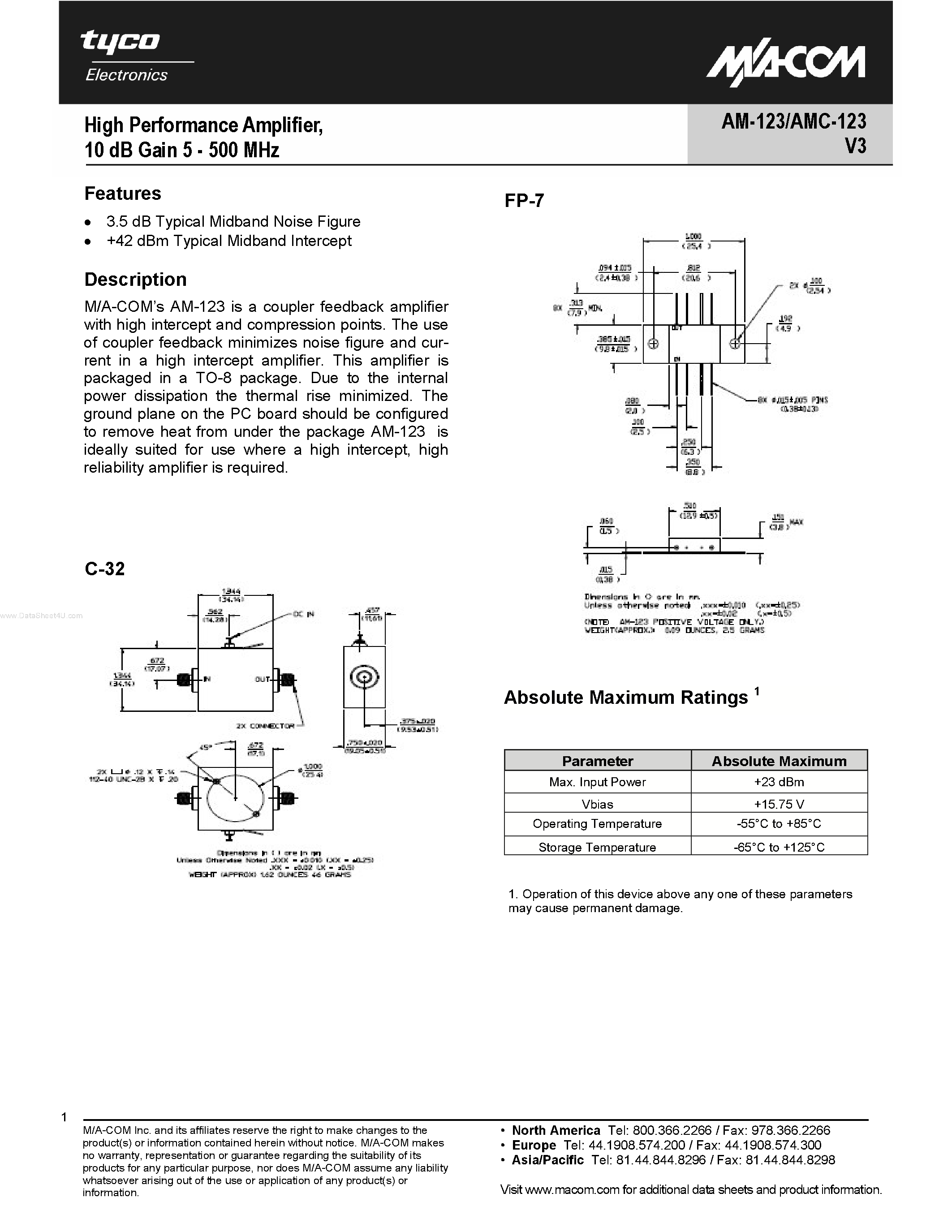 Datasheet AM-123PIN - High Performance Amplifier/ 10 dB Gain 5 - 500 MHz page 1