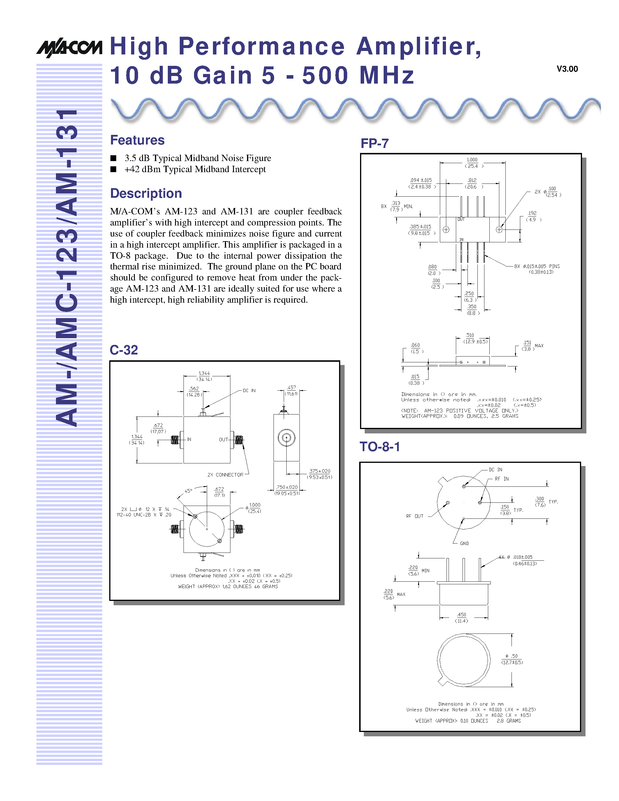 Datasheet AM-131PIN - High Performance Amplifier/ 10 dB Gain 5 - 500 MHz page 1