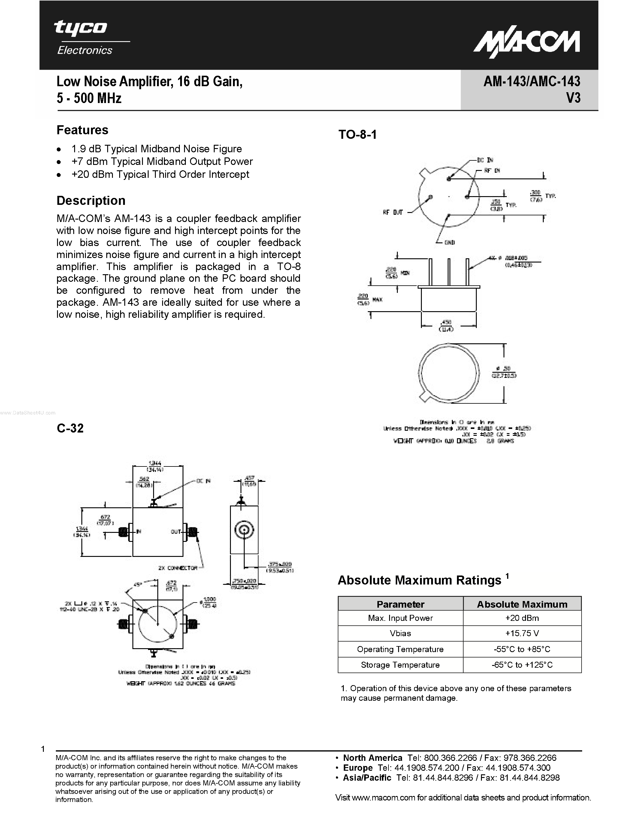 Datasheet AM-143PIN - Low Noise Amplifier/ 16 dB Gain/ 5 - 500 MHz page 1