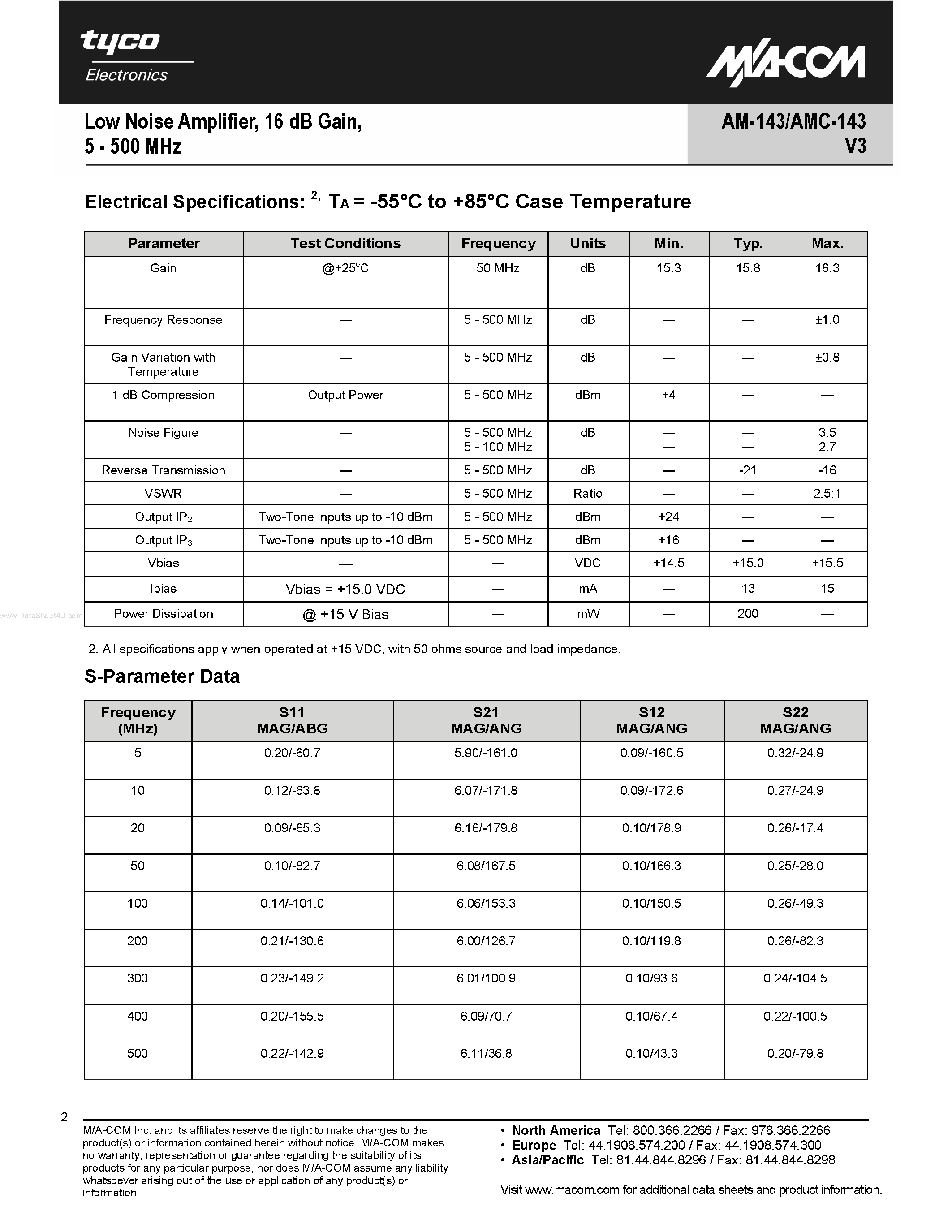 Datasheet AM-143PIN - Low Noise Amplifier/ 16 dB Gain/ 5 - 500 MHz page 2