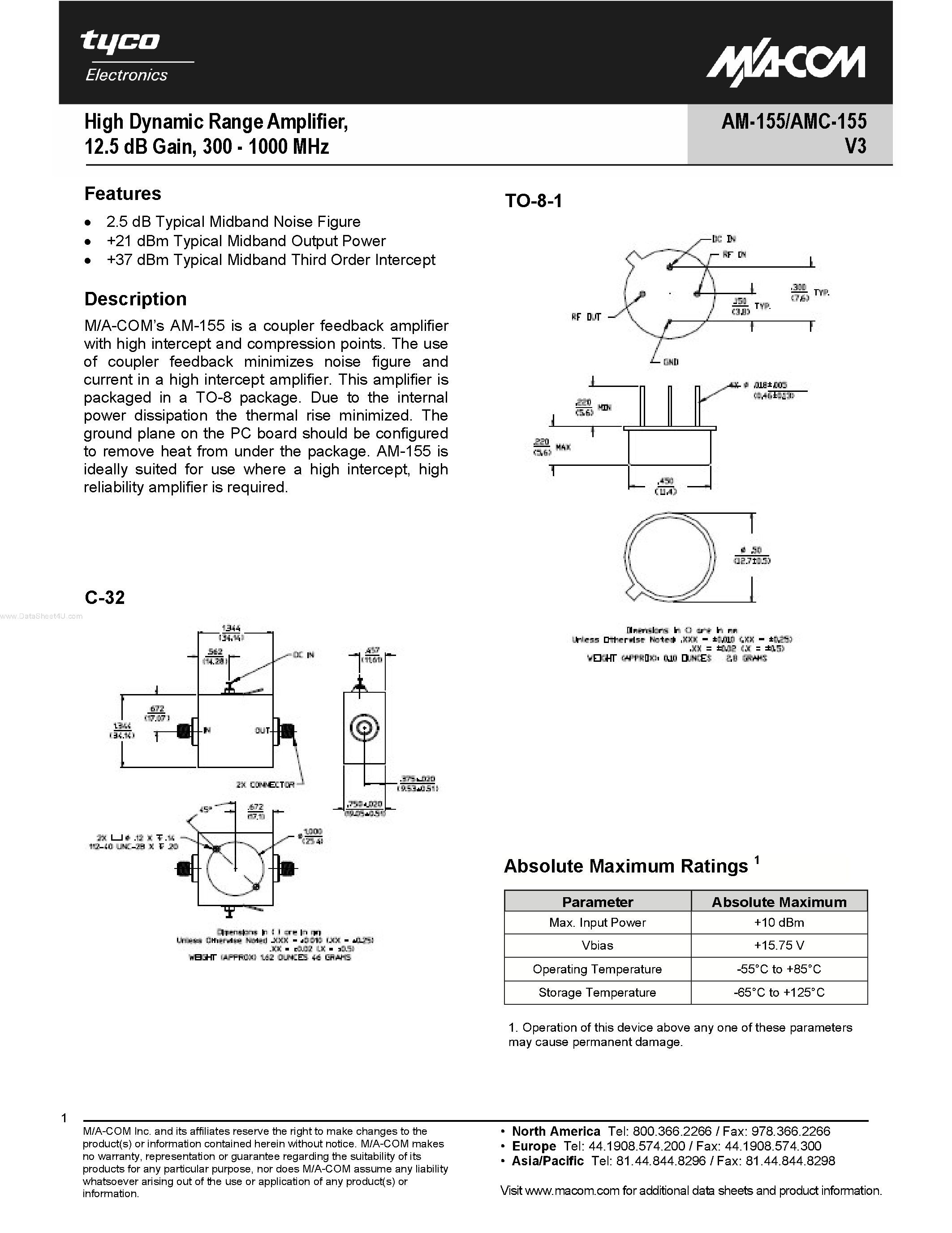 Datasheet AM-155PIN - High Dynamic Range Amplifier/ 12.5 dB Gain/ 300 - 1000 MHz page 1