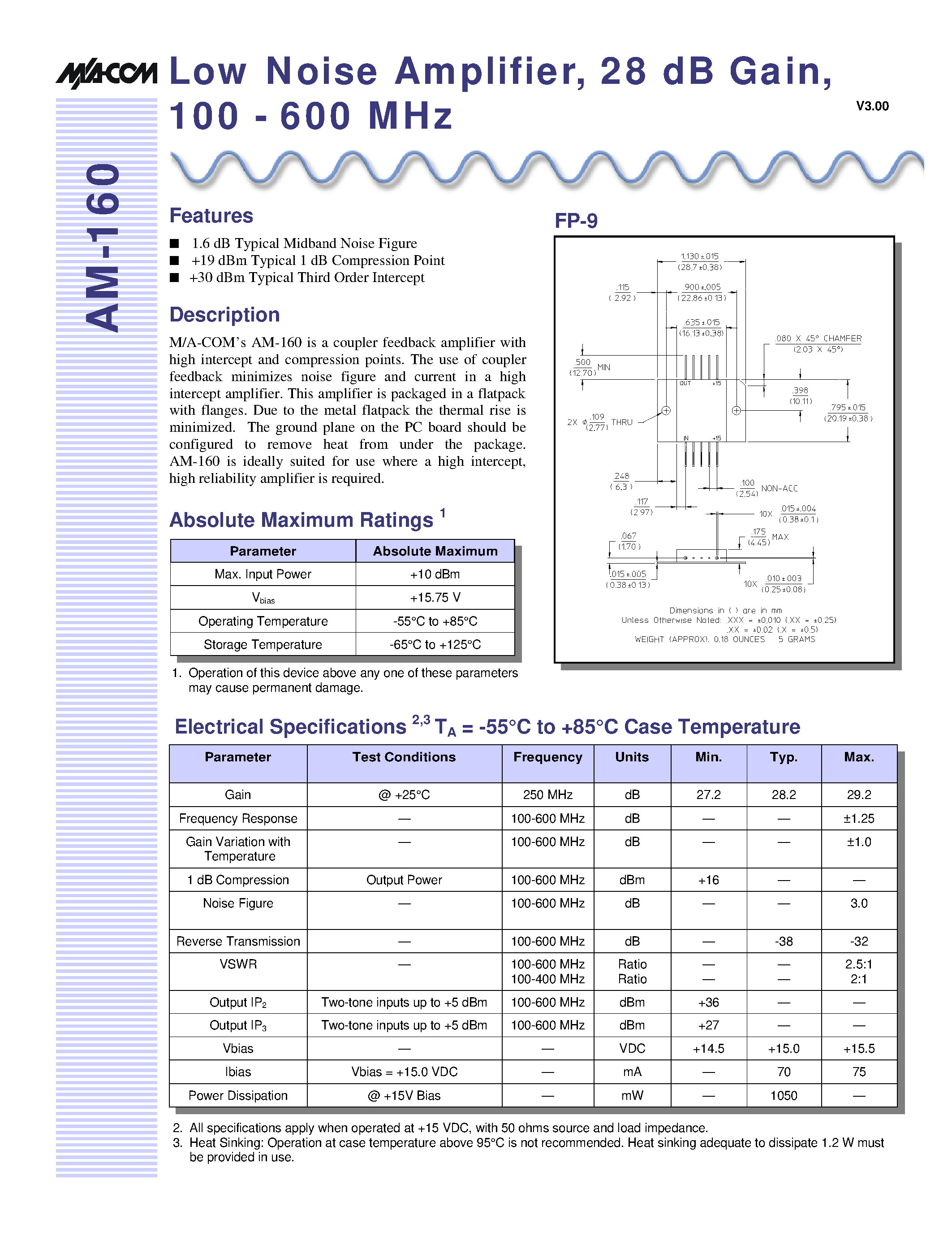 Datasheet AM-160PIN - Low Noise Amplifier/ 28 dB Gain/ 100 - 600 MHz page 1