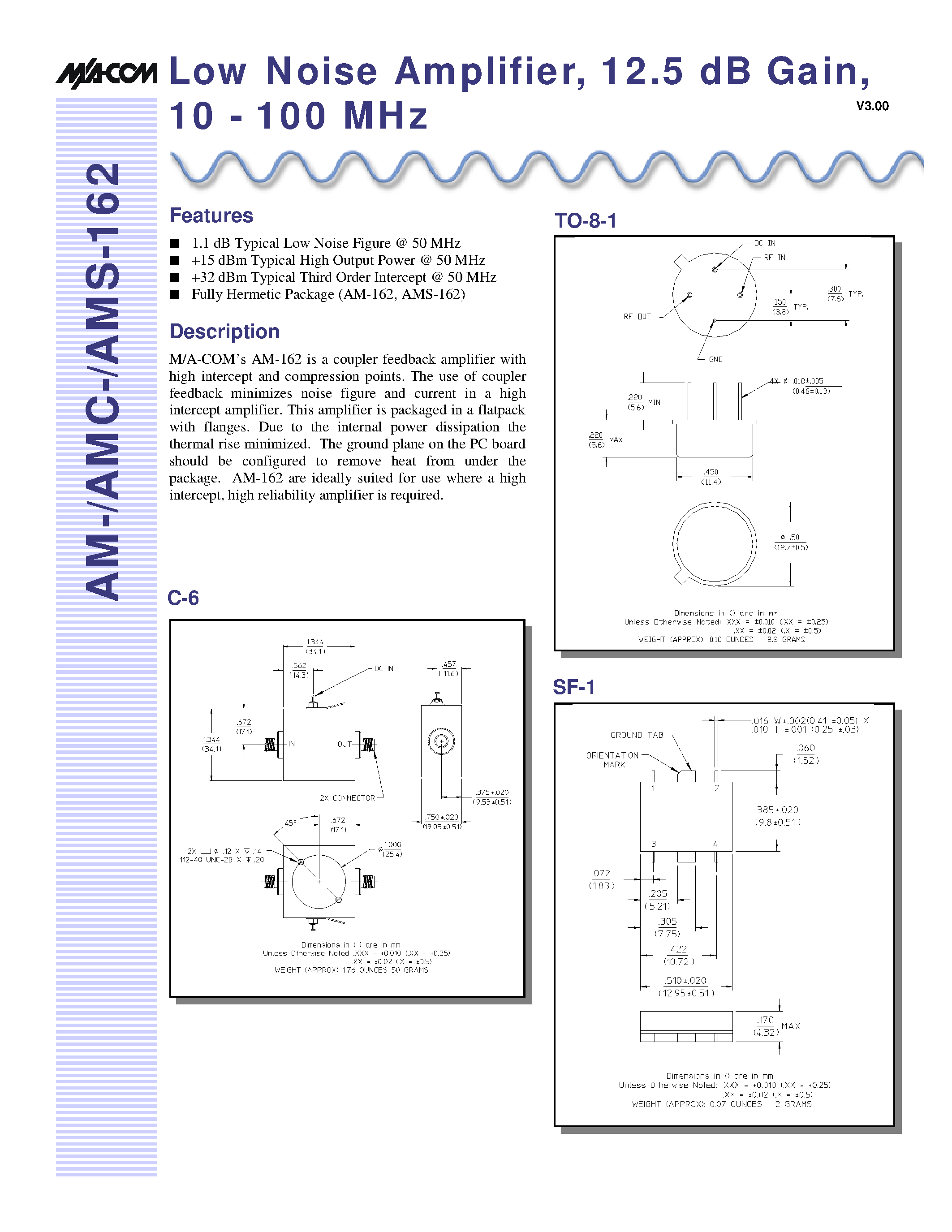 Datasheet AM-162PIN - Low Noise Amplifier/ 12.5 dB Gain/ 10 - 100 MHz page 1