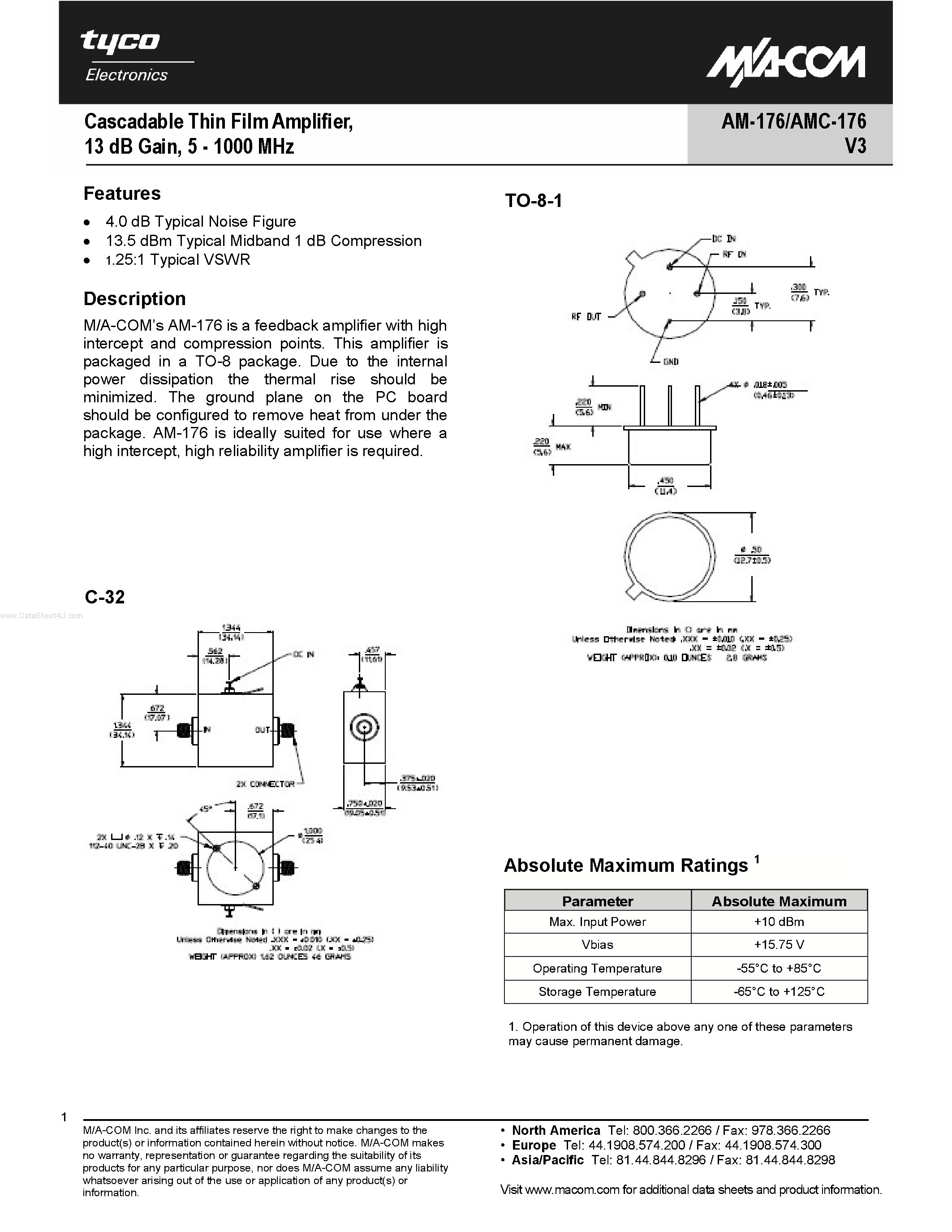 Datasheet AM-176PIN - Cascadable Thin Film Amplifier/ 13 dB Gain/ 5 - 1000 MHz page 1