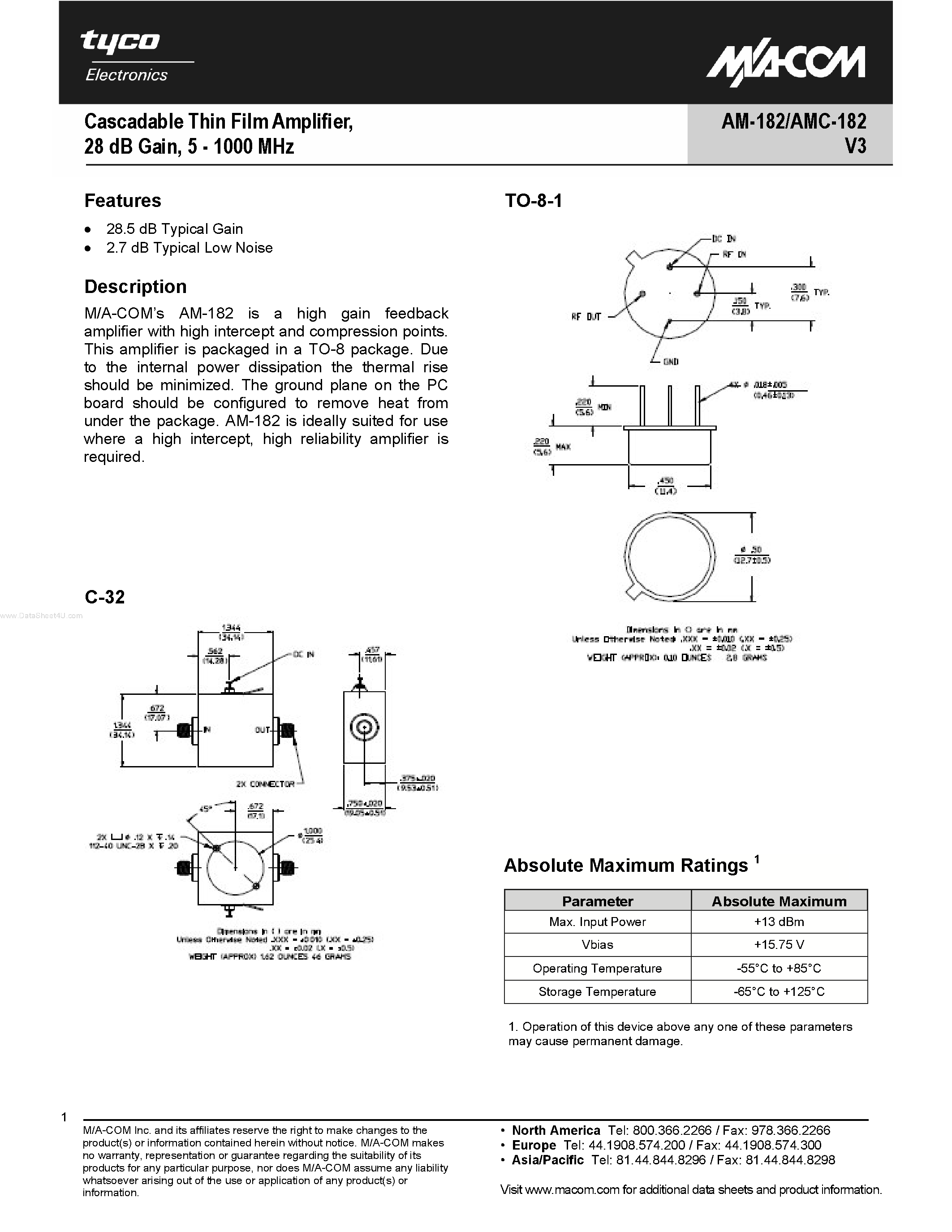 Datasheet AM-182PIN - Cascadable Thin Film Amplifier/ 28 dB Gain/ 5 - 1000 MHz page 1
