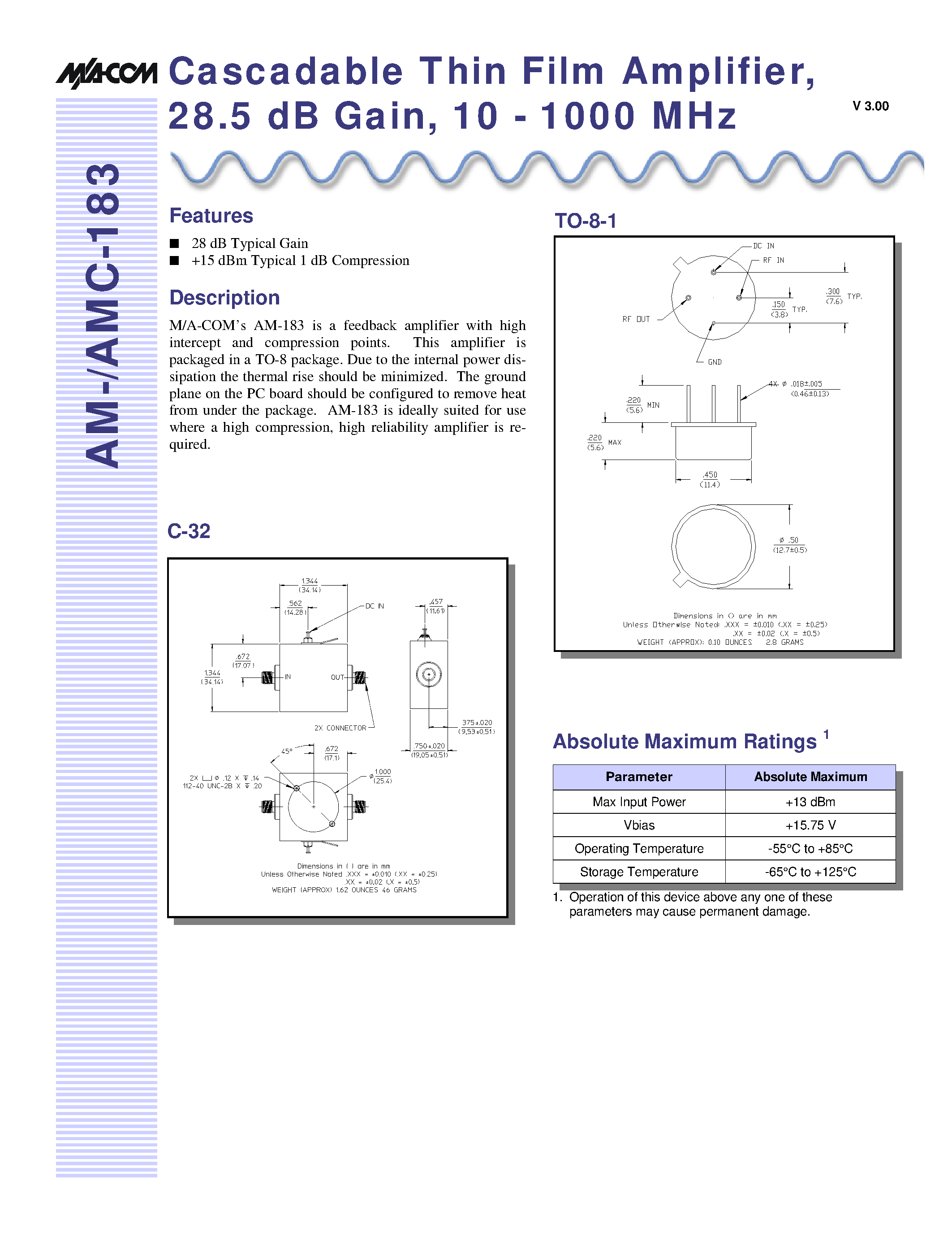 Datasheet AM-AMC-183 - Cascadable Thin Film Amplifier/ 28.5 dB Gain/ 10 - 1000 MHz page 1