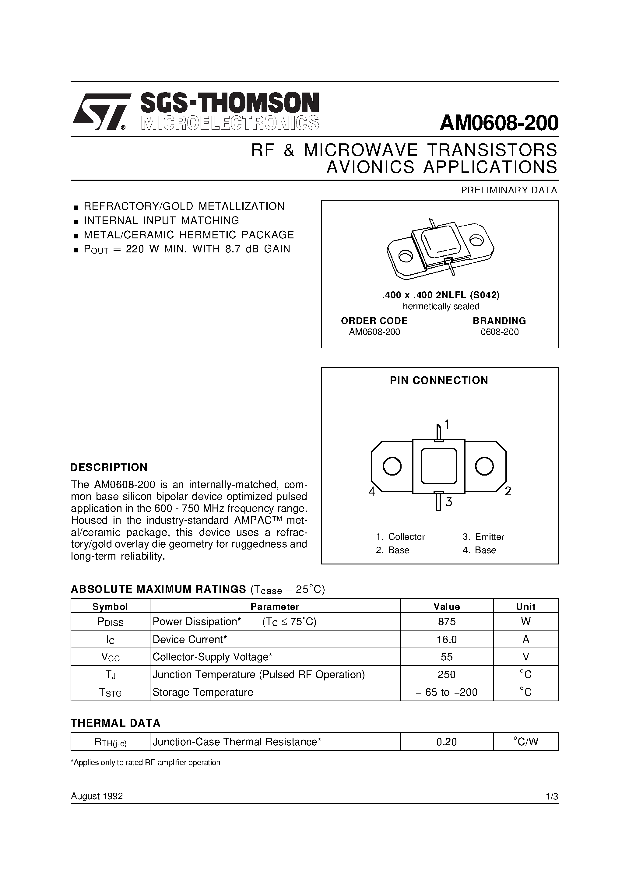 Даташит AM0608-200 - AVIONICS APPLICATIONS RF & MICROWAVE TRANSISTORS страница 1
