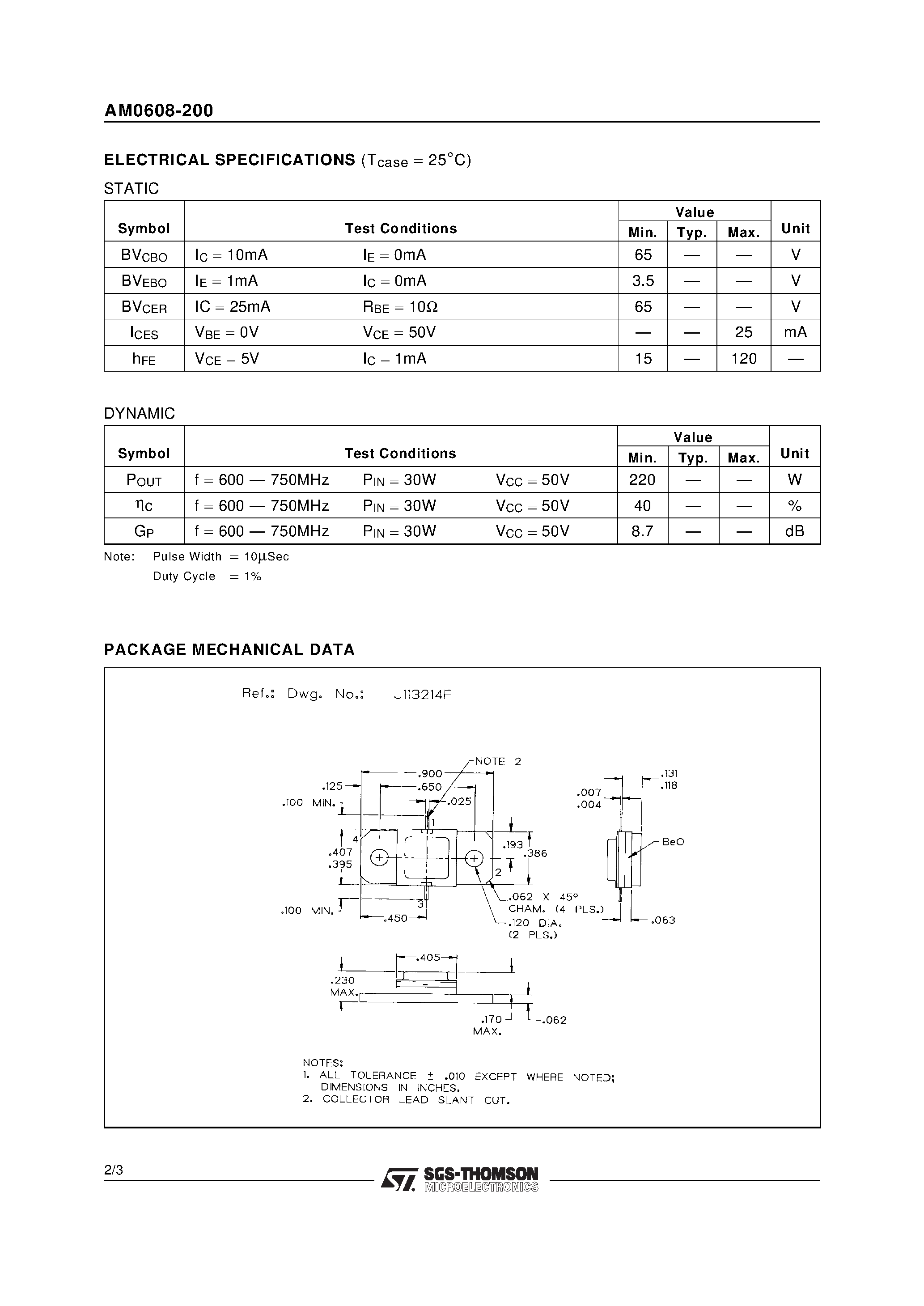 Даташит AM0608-200 - AVIONICS APPLICATIONS RF & MICROWAVE TRANSISTORS страница 2