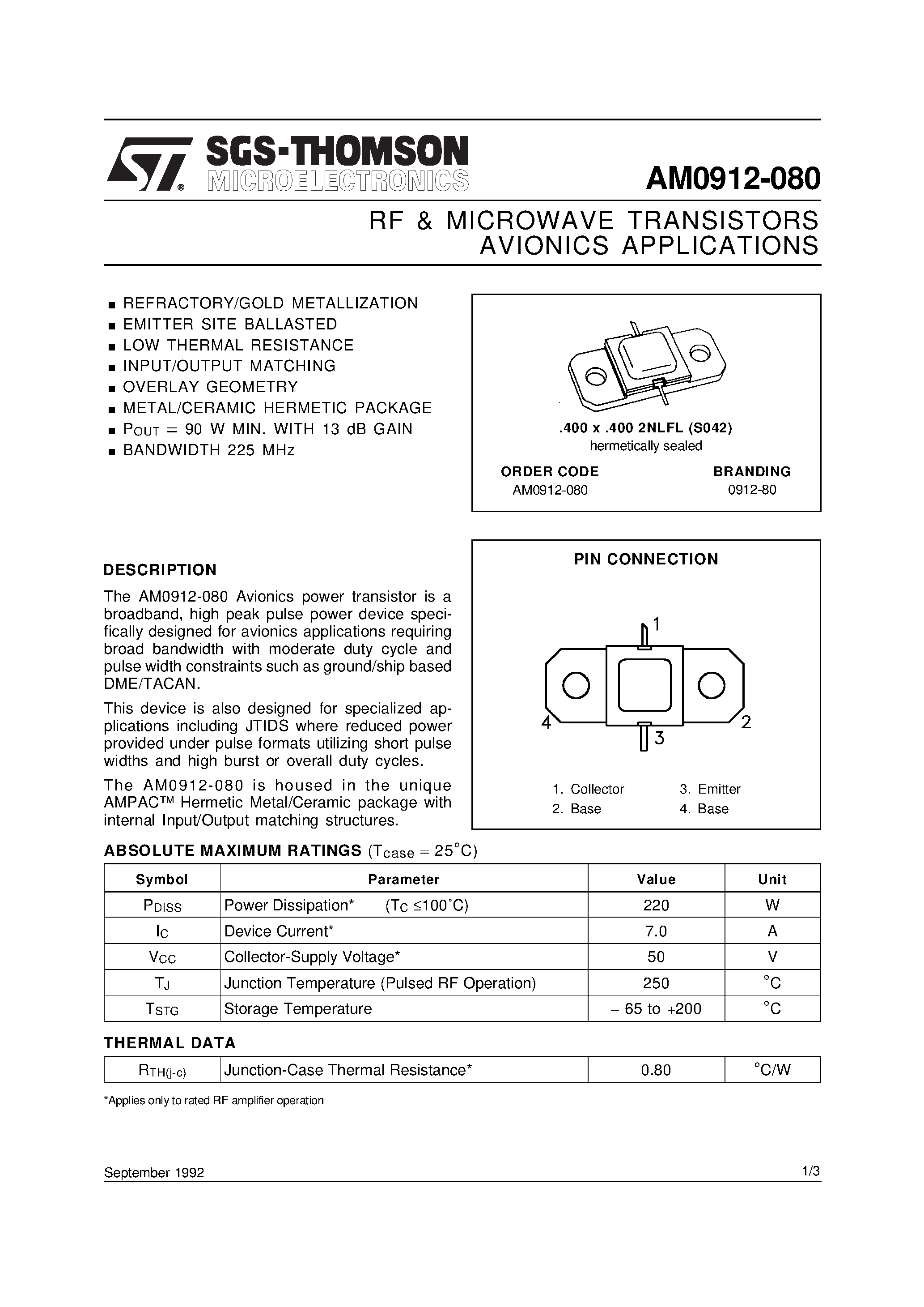 Даташит AM0912-080 - AVIONICS APPLICATIONS RF & MICROWAVE TRANSISTORS страница 1