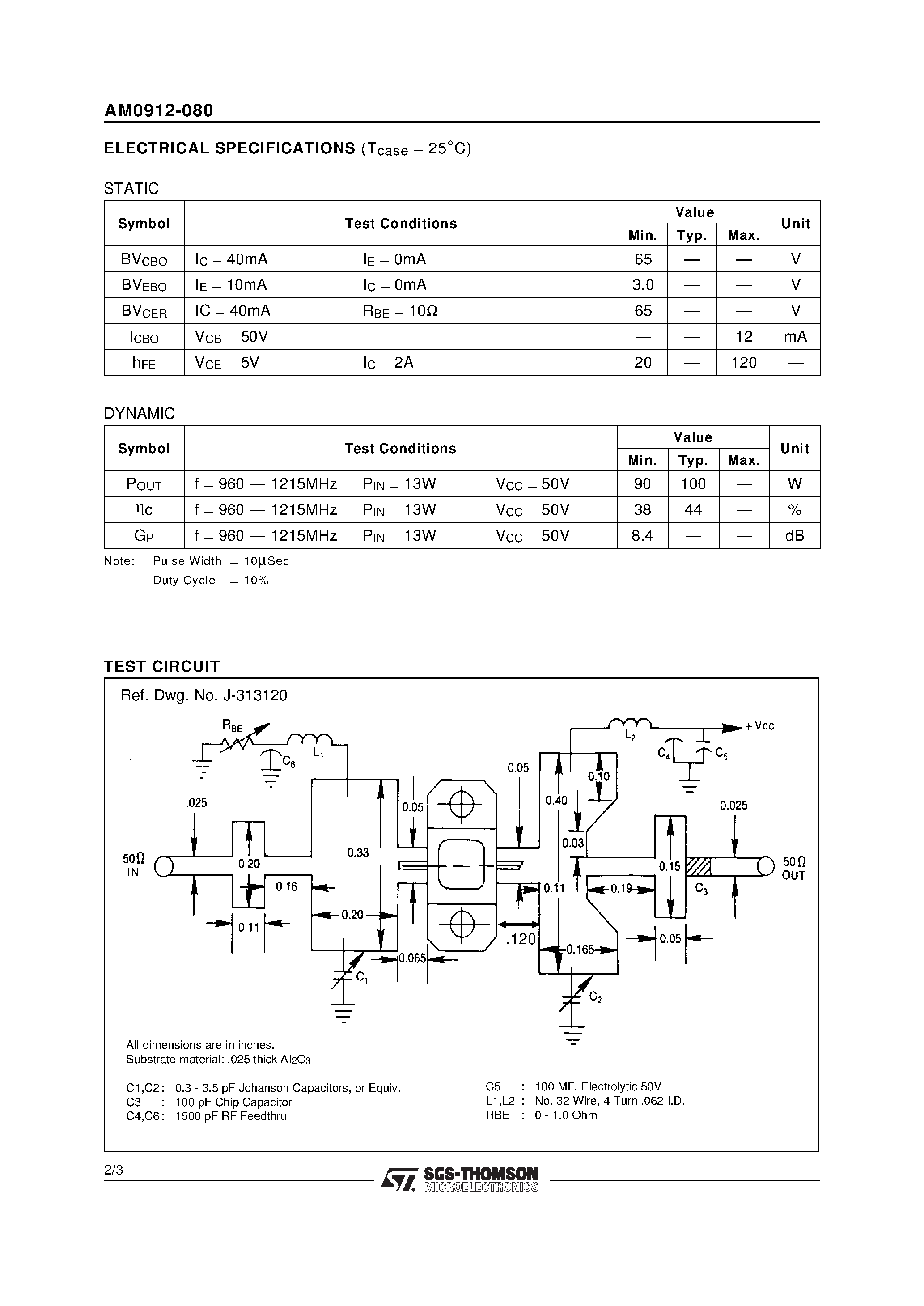 Даташит AM0912-080 - AVIONICS APPLICATIONS RF & MICROWAVE TRANSISTORS страница 2
