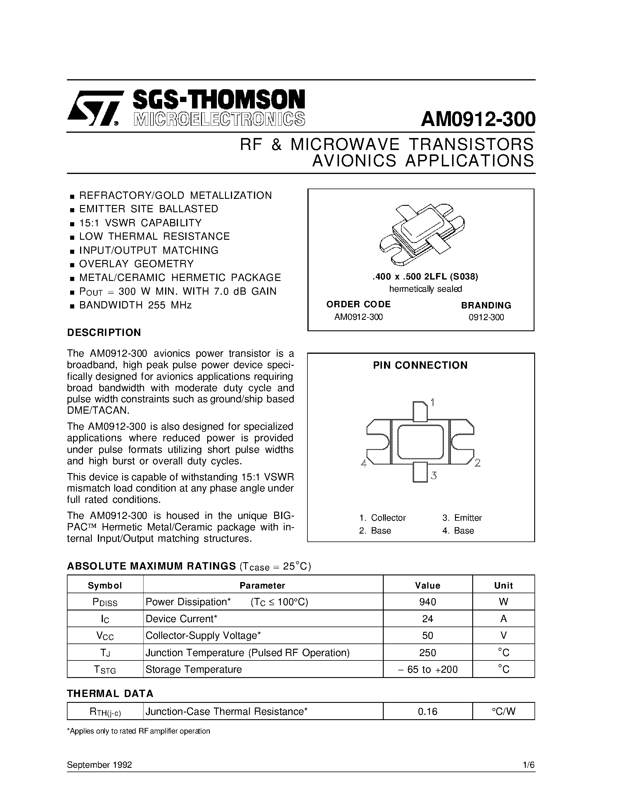 Даташит AM0912-300 - AVIONICS APPLICATIONS RF & MICROWAVE TRANSISTORS страница 1