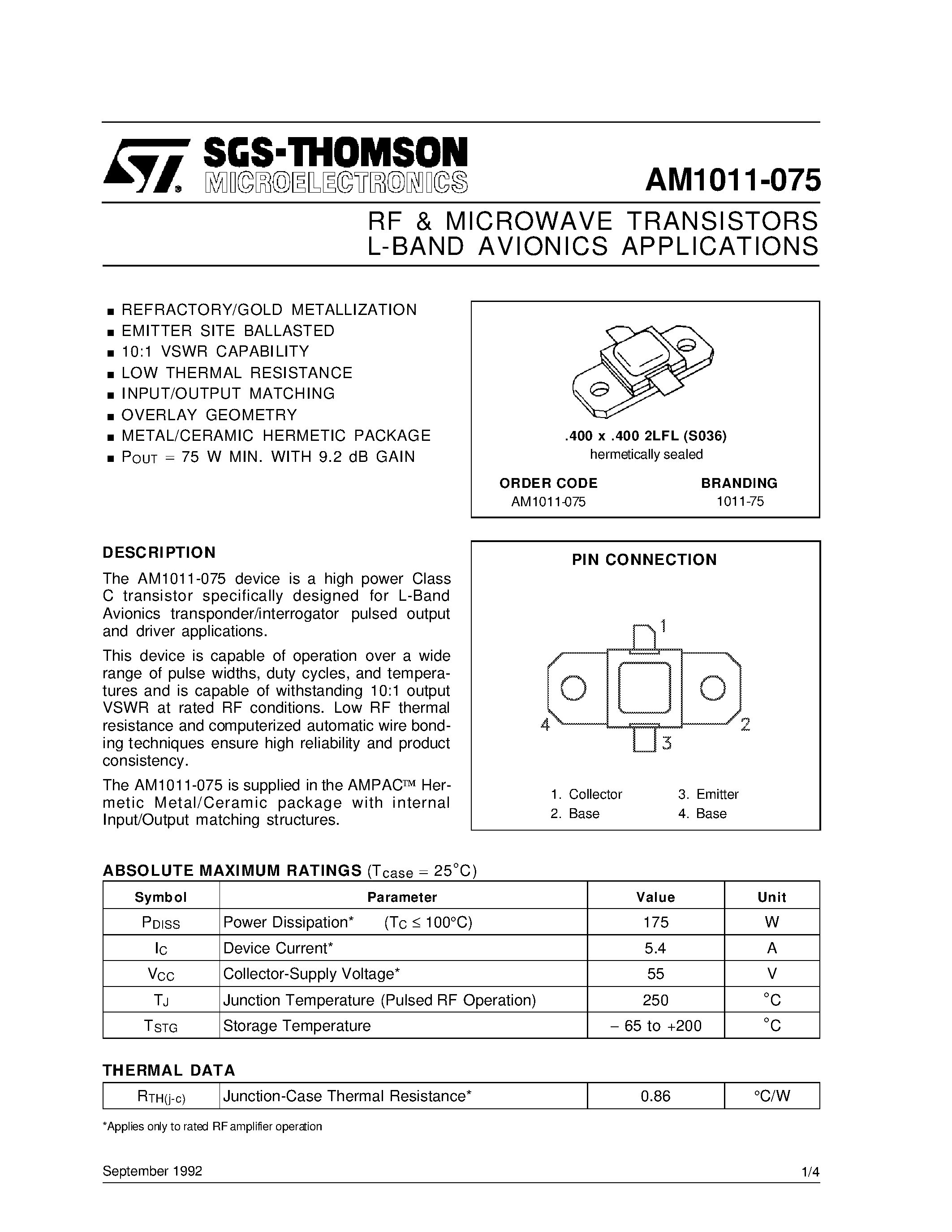 Datasheet AM1011-075 - L-BAND AVIONICS APPLICATIONS RF & MICROWAVE TRANSISTORS page 1