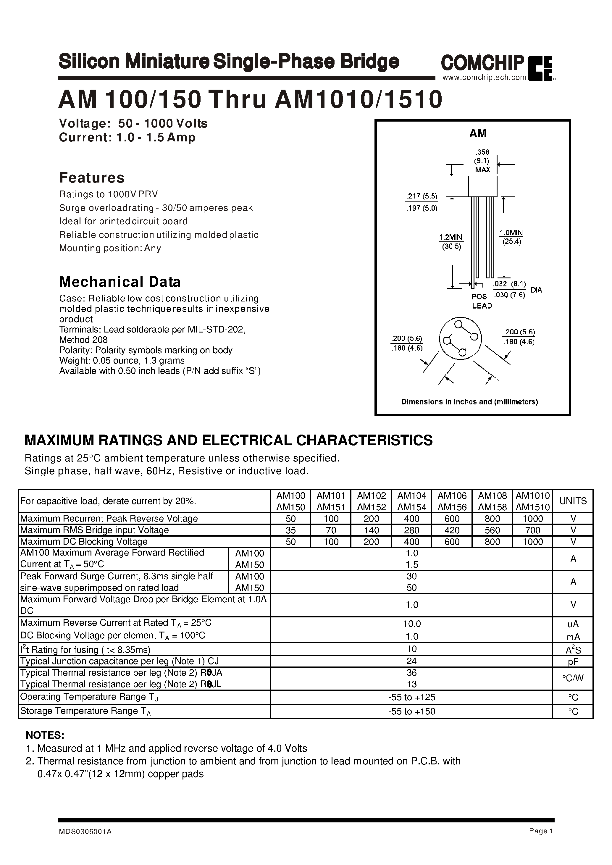 Datasheet AM106 page 1 Datasheet AM106 - Silicon Miniature Single-Phase Bridge page 1