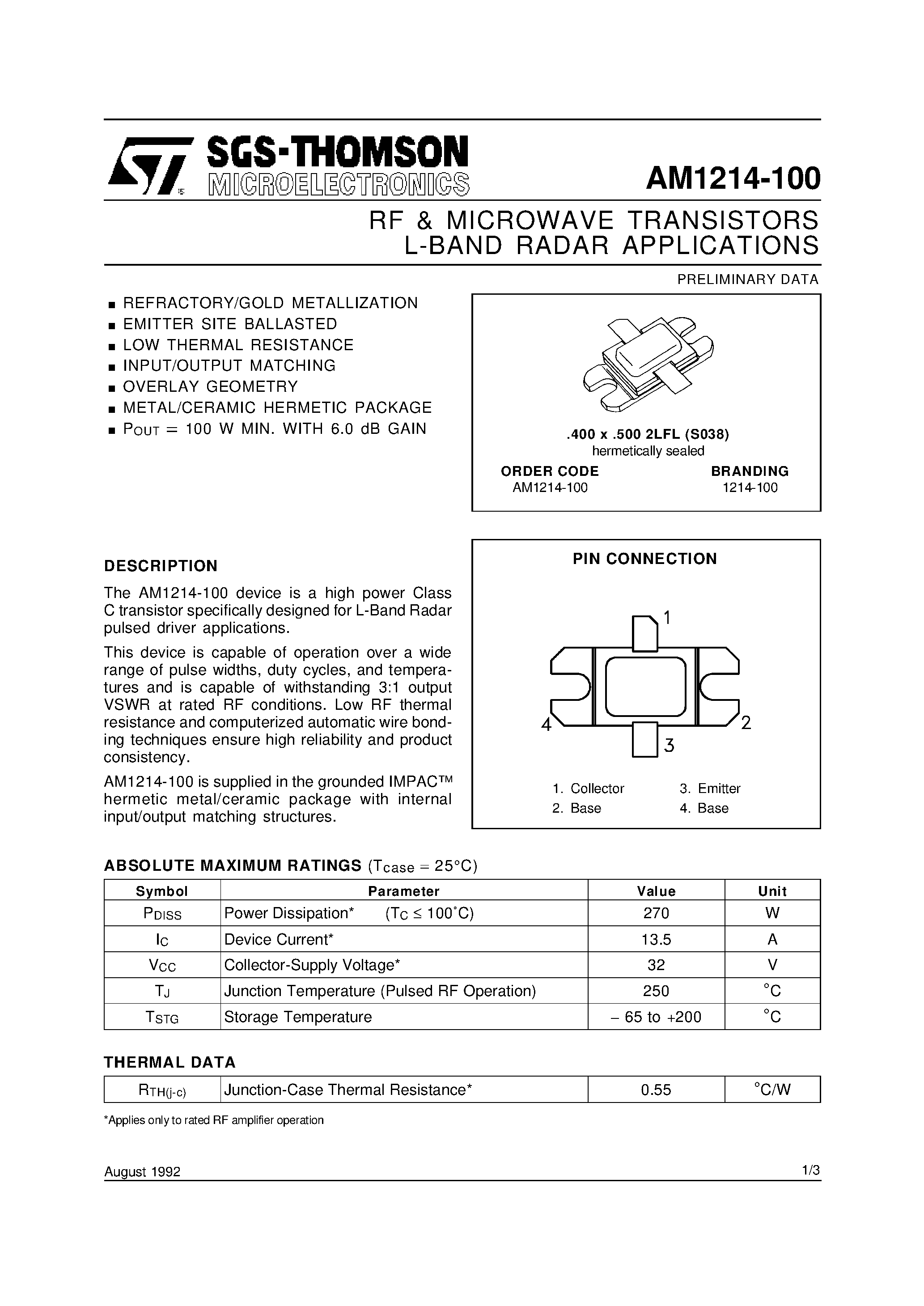 Datasheet AM1214-100 page 1 Datasheet AM1214-100 - L-BAND RADAR APPLICATIONS RF & MICROWAVE TRANSISTORS page 1