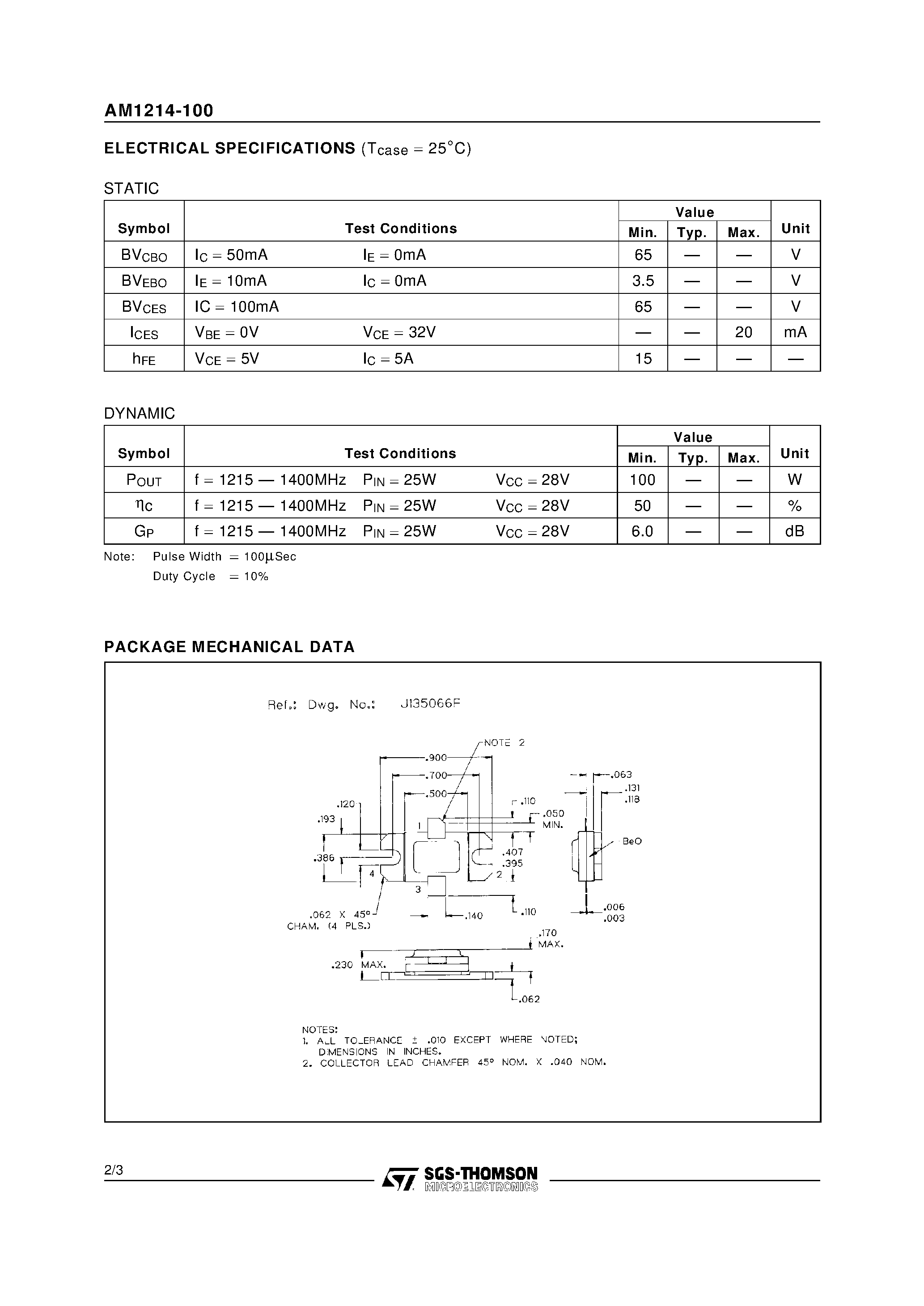 Datasheet AM1214-100 page 2 Datasheet AM1214-100 - L-BAND RADAR APPLICATIONS RF & MICROWAVE TRANSISTORS page 2