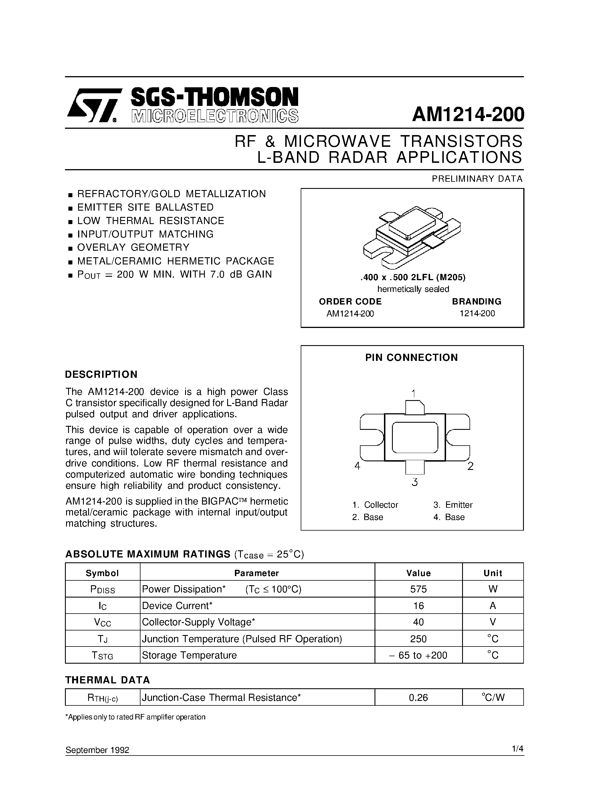 Datasheet AM1214-200 - L-BAND RADAR APPLICATIONS RF & MICROWAVE TRANSISTORS page 1