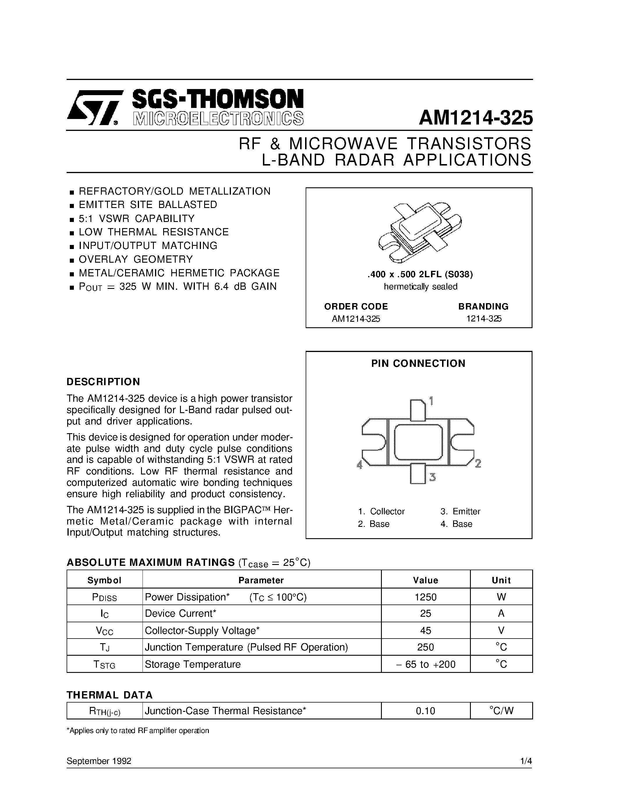 Datasheet AM1214-325 page 1 Datasheet AM1214-325 - L-BAND RADAR APPLICATIONS RF & MICROWAVE TRANSISTORS page 1