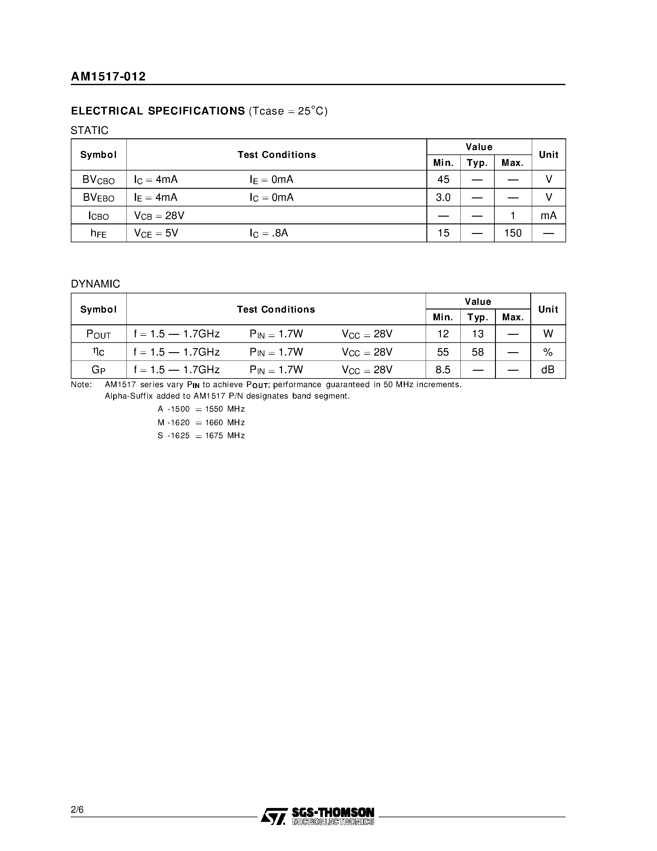 Datasheet AM1517-012 page 2 Datasheet AM1517-012 - SATELLITE COMMUNICATIONS APPLICATIONS RF & MICROWAVE TRANSISTORS page 2