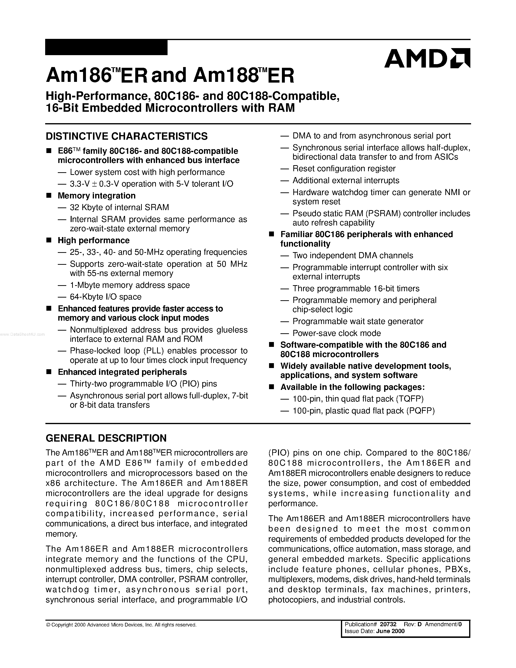 Datasheet Am186ER-50KCW - High-Performance/ 80C186- and 80C188-Compatible/ 16-Bit Embedded Microcontrollers with RAM page 1